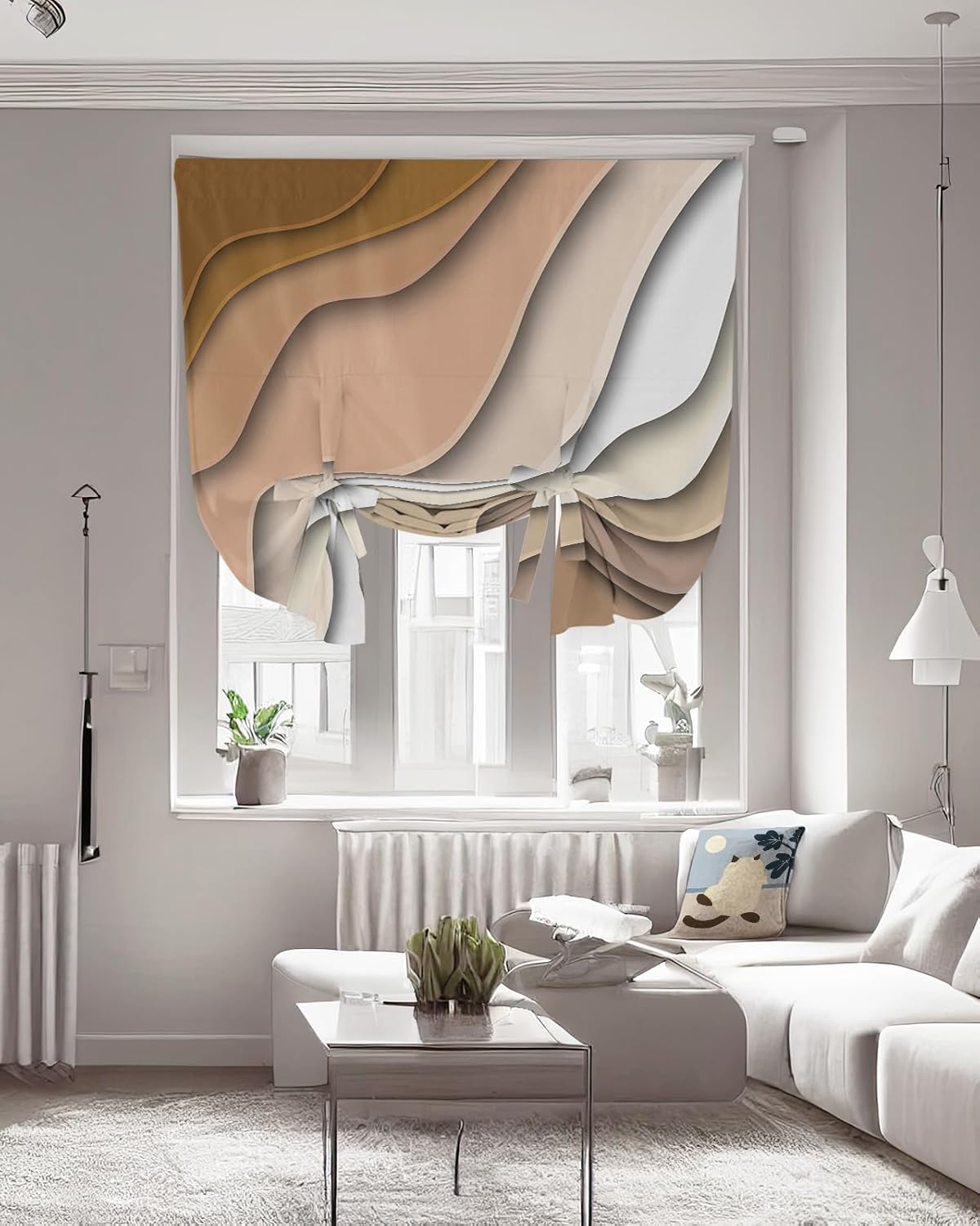 Tie Up Curtain for Windows Adjustable Balloon Shade Modern Abstract Lines Ombre Brown Valance Curtains Rod Pocket Tie-up Curtain Valance for Kitchen Living Room, 42"X63"