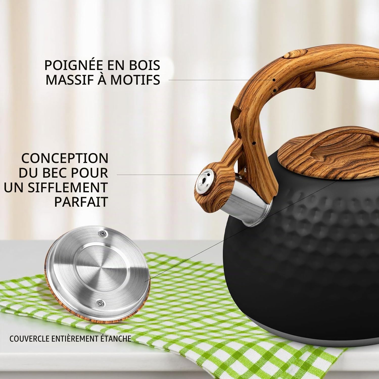 Bouilloire sifflante 3 l en acier inoxydable avec poignée effet bois bouilloire inox pour cuisinière induction gaz électrique (Noir)