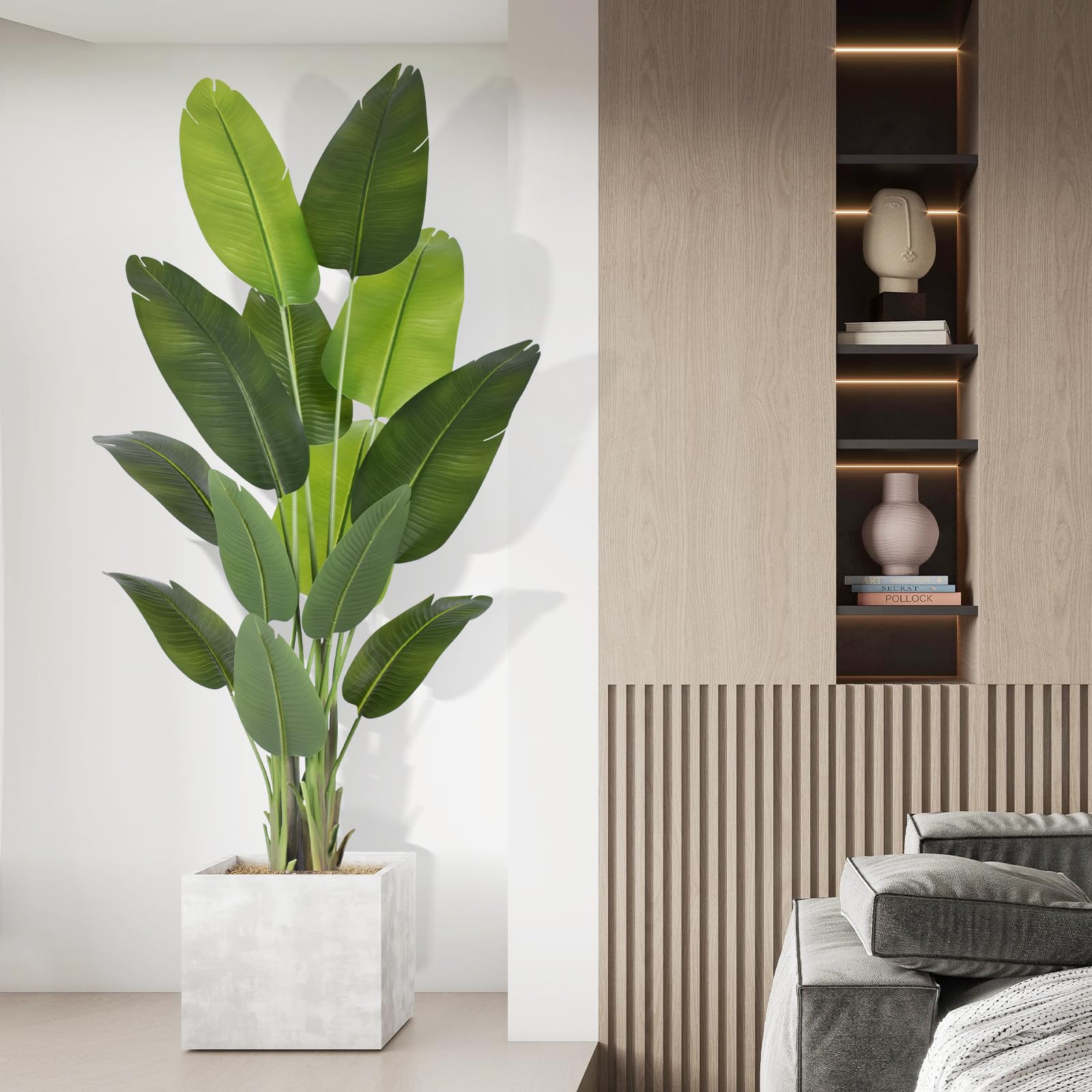 Plante Artificielle Oiseau de Paradis 180cm bananier artificiel avec 13 Feuilles Pour Plantes Artificielles Interieur Exterieur avec Pot Blanc Pour Decoration Maison en Salon Bureau Jardin Deco