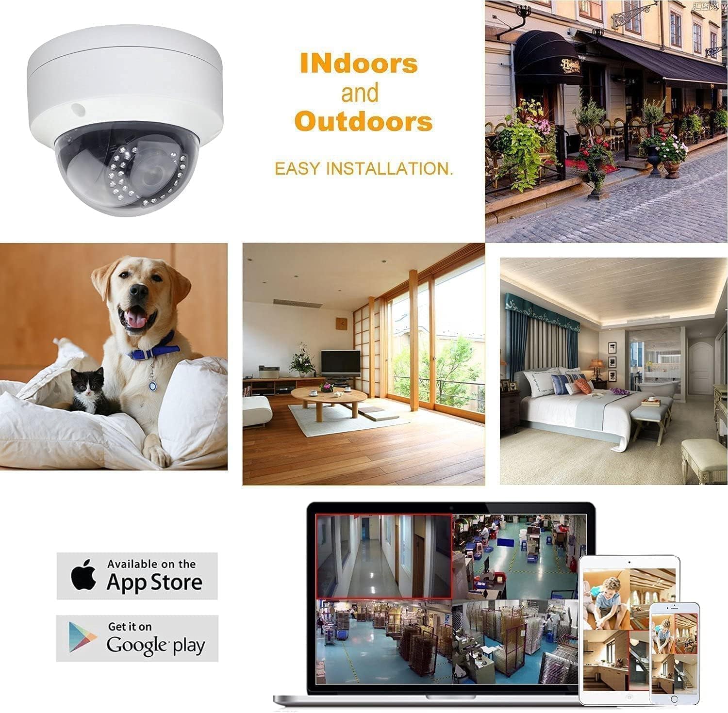 Collage showing a dome camera, indoor living spaces, an outdoor building, and a screen displaying multi-camera views on a laptop and mobile devices, indicating indoor/outdoor use and easy installation.
