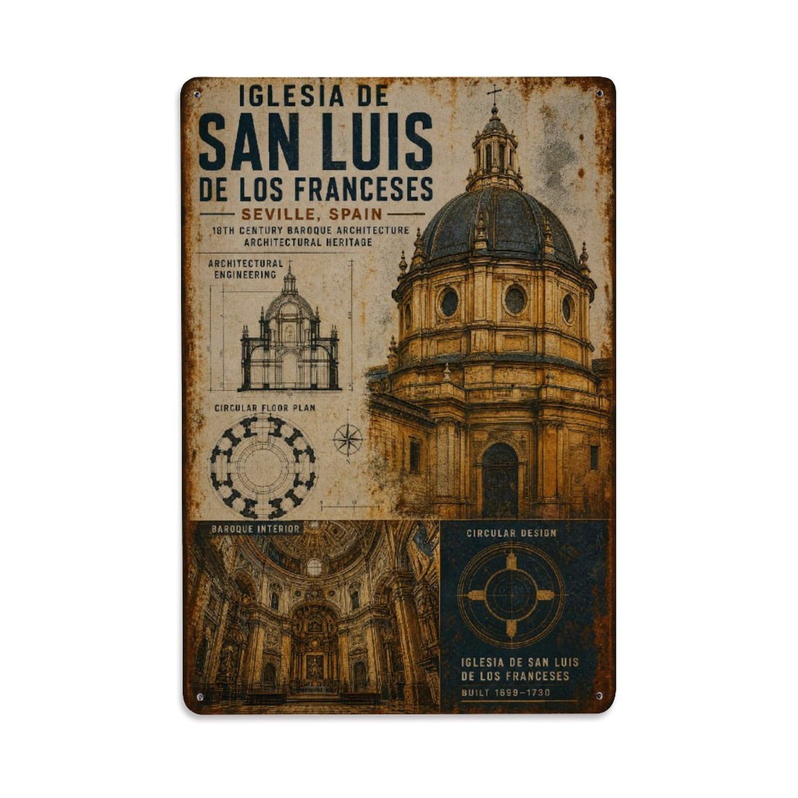 Huiyhb 8X12inch(20X30cm) Vintage Travel Iglesia San Luis Seville Baroque Church Metal Tin Sign