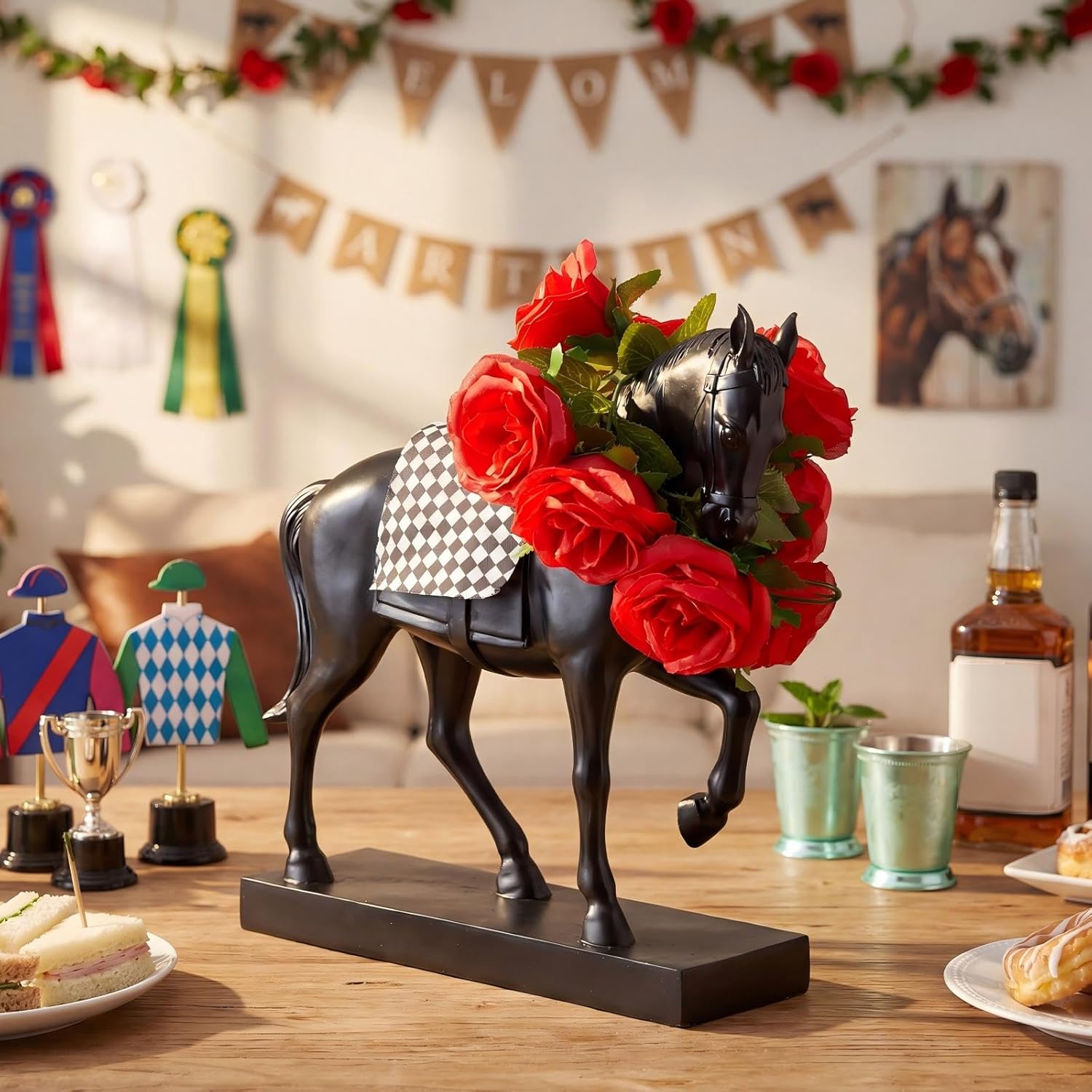 Amyhill Horse Party Decorations Table Centerpieces 13.98 × 12.4 × 3.74 Inches Derby Day Horse Resin Statue with Wreath and Checkered Horseback for Equestrian Events, Derby Day Parties Decorations