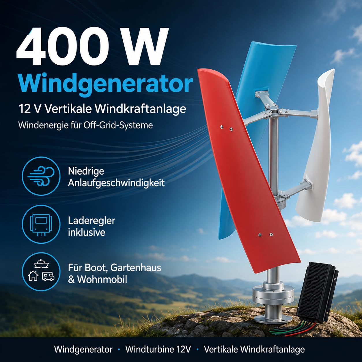 400W Vertikale Windkraftanlage Komplettset – 12V Windgenerator mit MPPT-Regler, extrem leise & Startwind ab 1,3 m/s für Garten, Boot, Wohnmobil