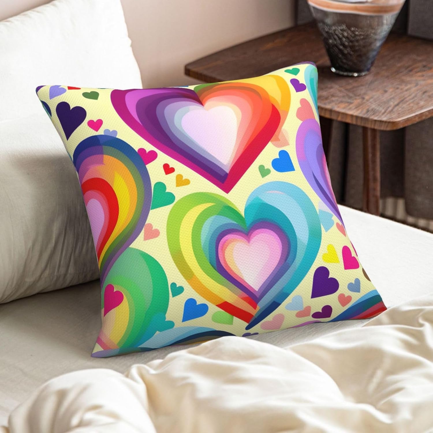 Hearts in Rainbow Colors Imitation Linen Pillowcase -2 Sets, Fashionable Home Decoration, Used for Sofas, Gardens, beds