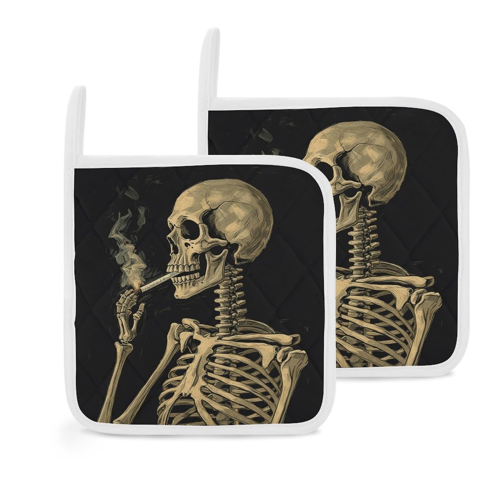 Btcowzrv Style A Skeleton With Burning Cigarette 2 Pack Pot Holders For Kitchen, Heat Resistant Potholder Set With Hanging Loops, Hot Pads For Oven Baking Cooking