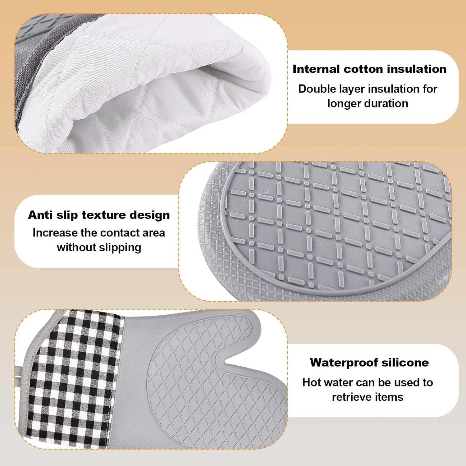 Silicone Oven Mitts, Oven Gloves with Non-Slip Silicone, Extra Long Heat Resistant Oven Gloves with Hot Pads and Hook Up, for Barbecue Kitchen Baking Microwave