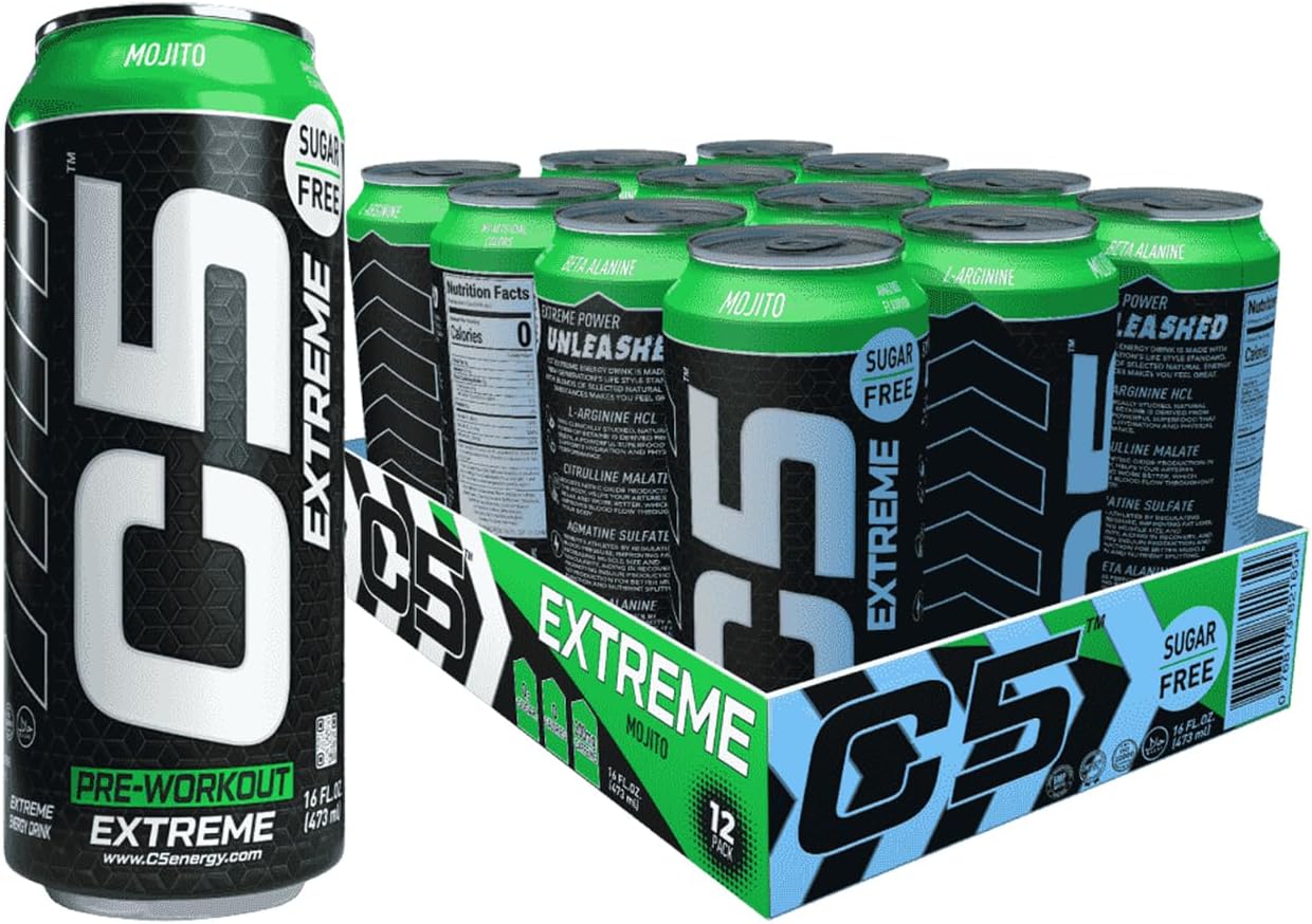 Energy Drink Pre Workout 200mg Caffeine, Sugar Free, Zero Calories with Beta Alanine, L-Arginine 16fl.OZ, 473ml - Pack of 12 (MOJITO EXTREME)