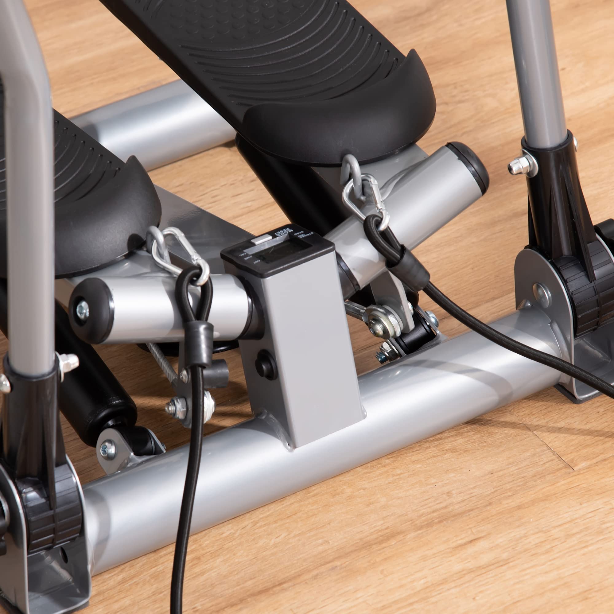 HOMCOM Stepper Fitness Casa con Manubrio e Bande Elastiche, Monitor LCD e Piedini Antiscivoli, Stepper in Acciaio e ABS, per Allenamento a Casa e Palestra, 54x40x135 cm, Argento e Nero