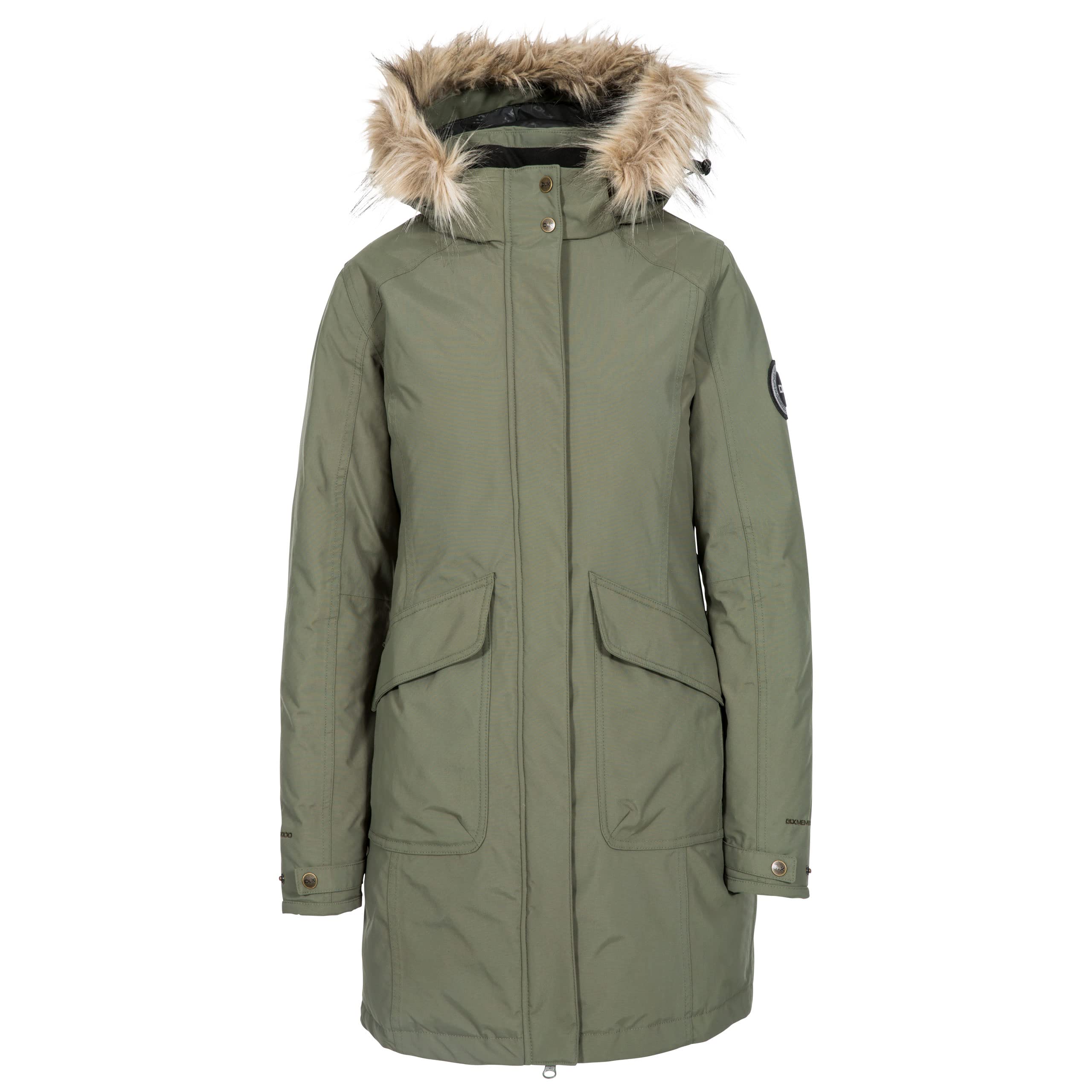 Trespass Women's Khaki Dlx Bettany Waterproof Down Parka Coat With Faux Fur Hood