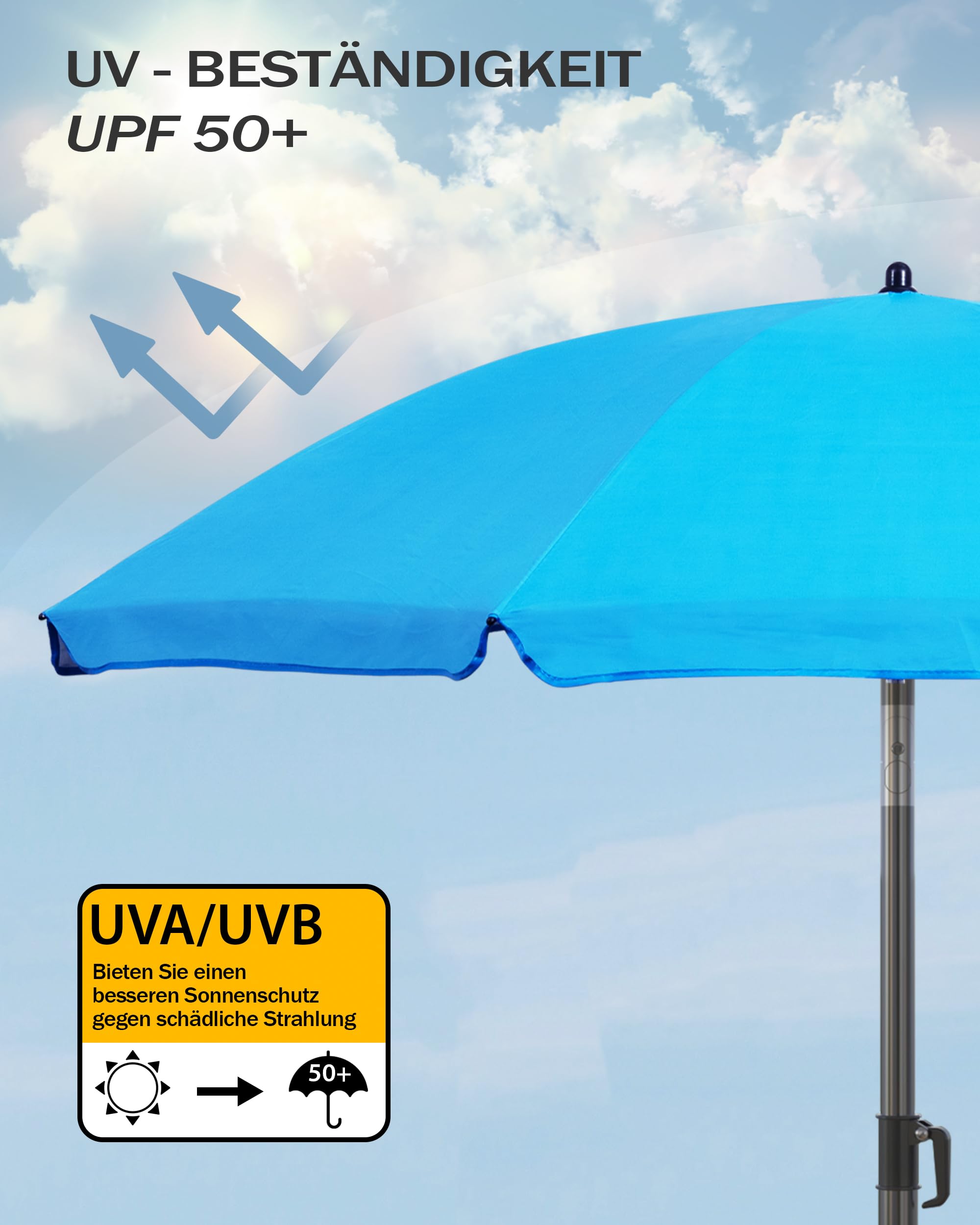Menz Sonnenschirm Strand 180 cm + Sonnenschirmhülle - UV50+ Strandschirm, Balkonschirm mit Knickfunktion, Gartenschirm, Sonnenschirm Balkon - Fb. Blau