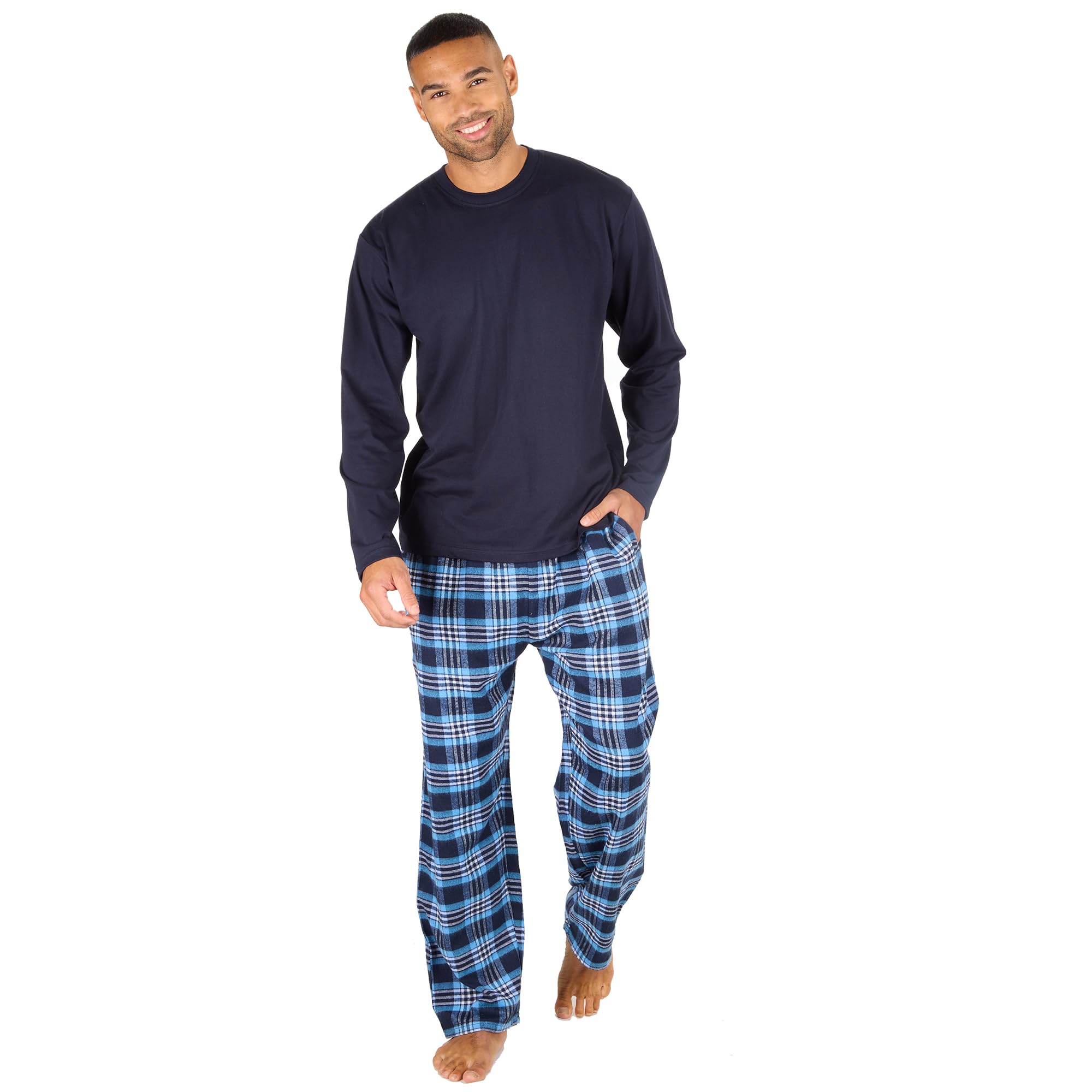 Metzuyan WS-AW24 Mens Jersey Open Hem Pyjama Set Longline Jeresey Cotton Blend Checked Crew Neck Nightwear Pyjamas Navy M