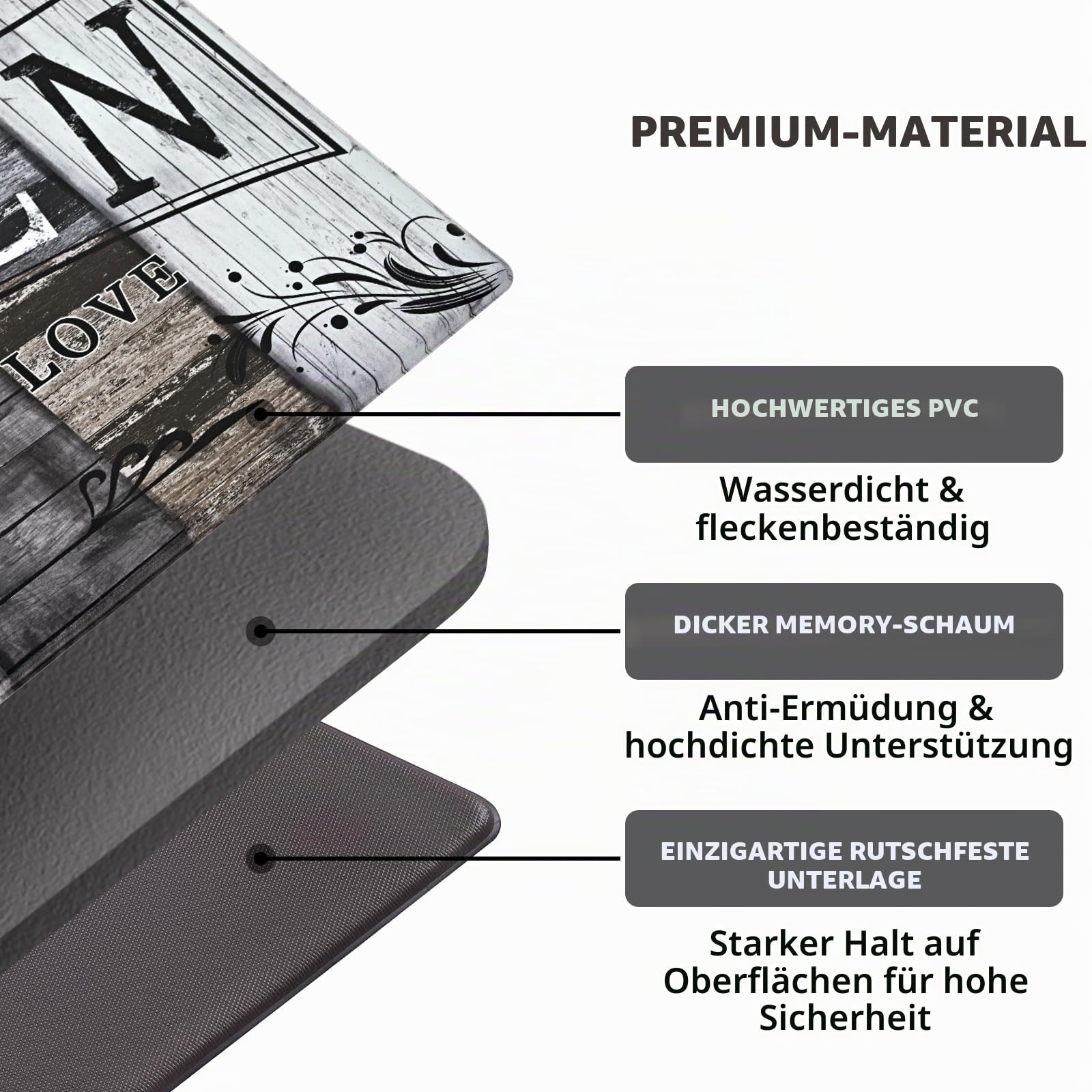 Yugarlibi PVC Küchenteppich 2 Stück, rutschfest Waschbar Küchenläufer | 10mm Dick Anti-Müdigkeit Küchenmatte Läufer, Wasserdicht Ölbeständig Weich Teppich für Küche Esszimmer Flur 44x120+44x150cm