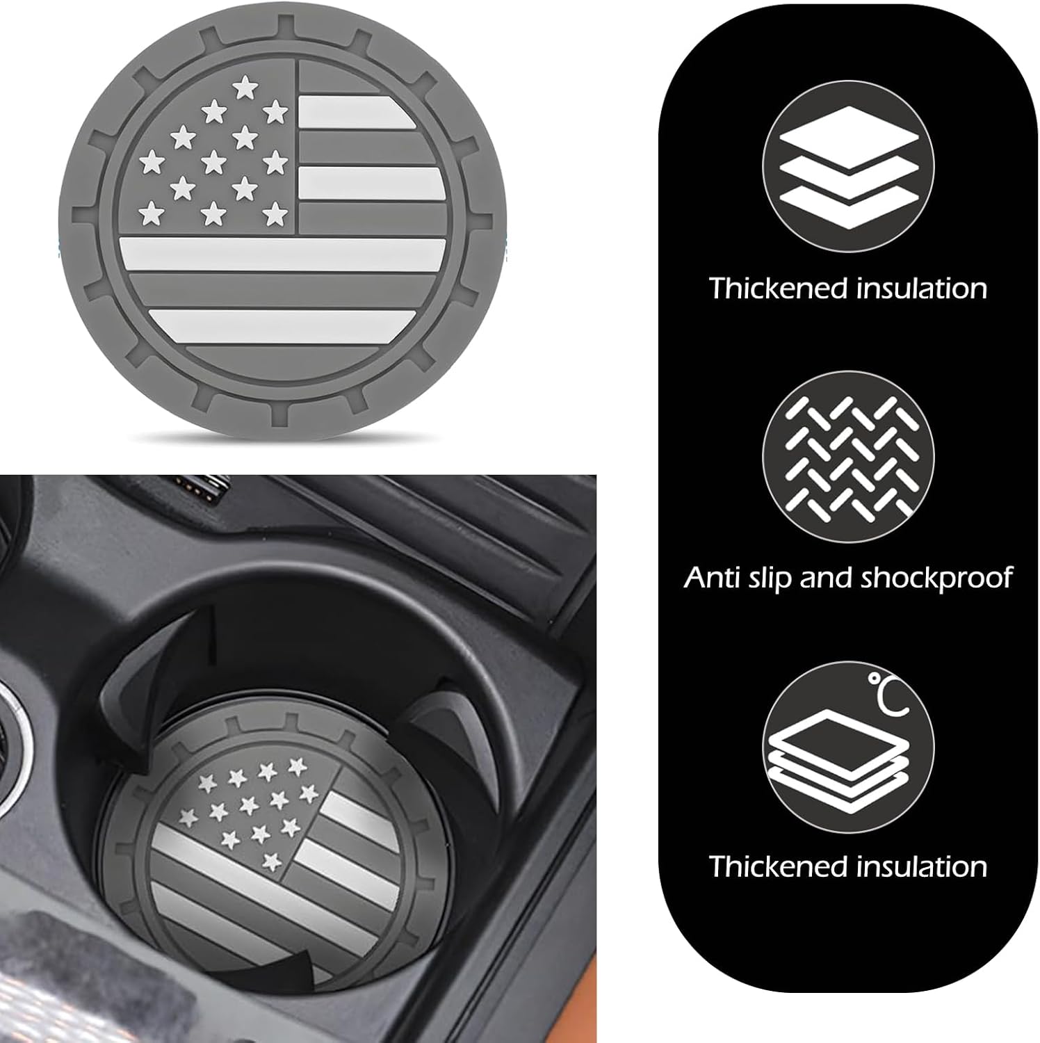 4PCS Car Cup Holder Coaster, 2.75 Inch American Flag Insert Car Cup Coaster, Anti Slip Shockproof Silicone Drink Mat, Car Interior Decor Accessories for Vehicle, SUV, Truck (Gray) - Image 5