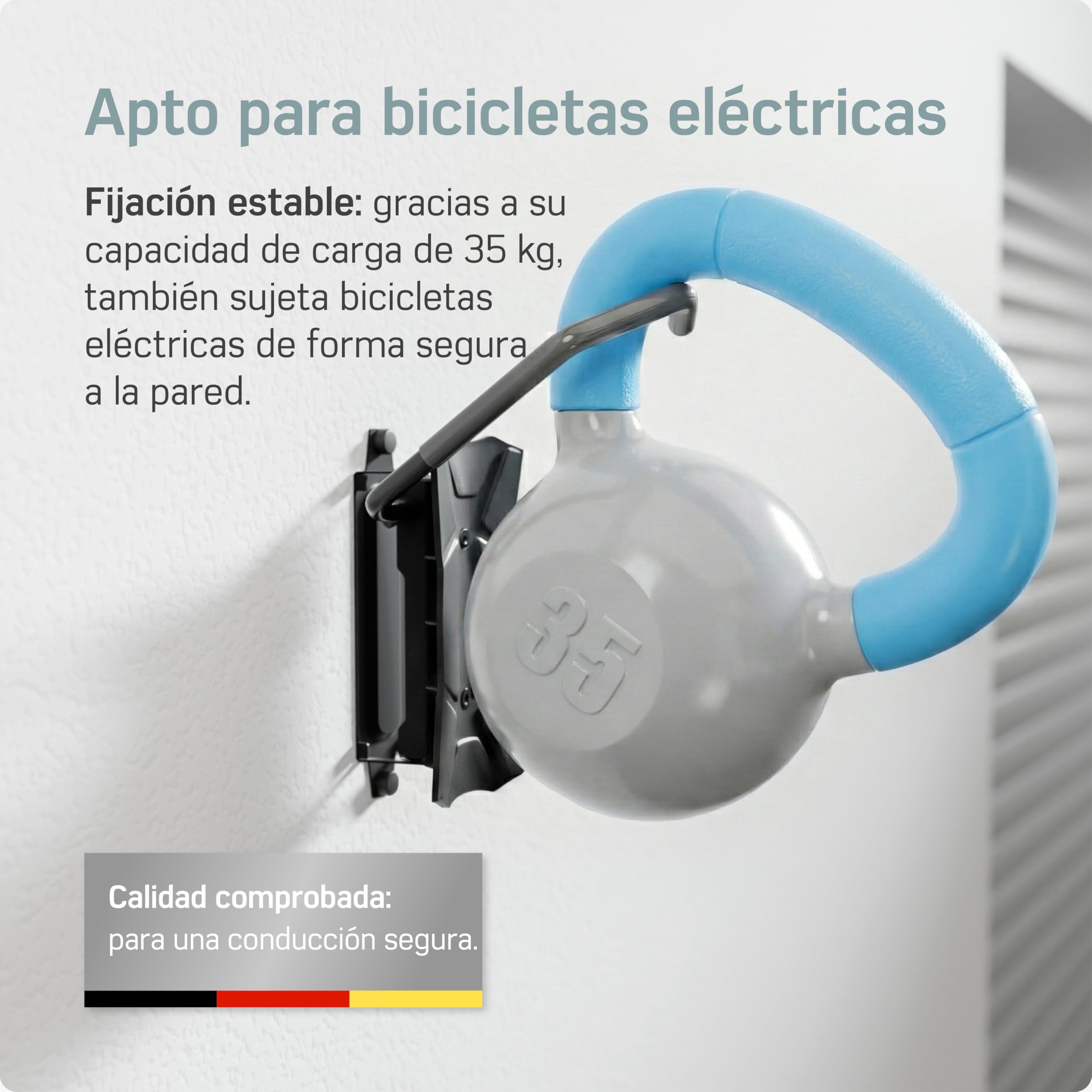 Borgen Soporte Bicicleta Pared Giratorio hasta 35 kg – Soporte Bici Vertical Ahorra Espacio – Incl. Tacos Fischer DuoPower para Montaje Seguro – Embalaje sin plástico