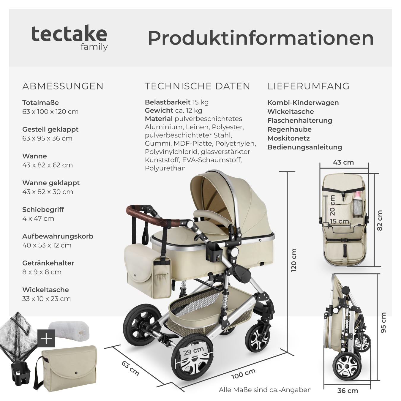 tectake 2 in 1 Kinderwagen klappbarer Buggy mit Liegefunktion Grau Beige