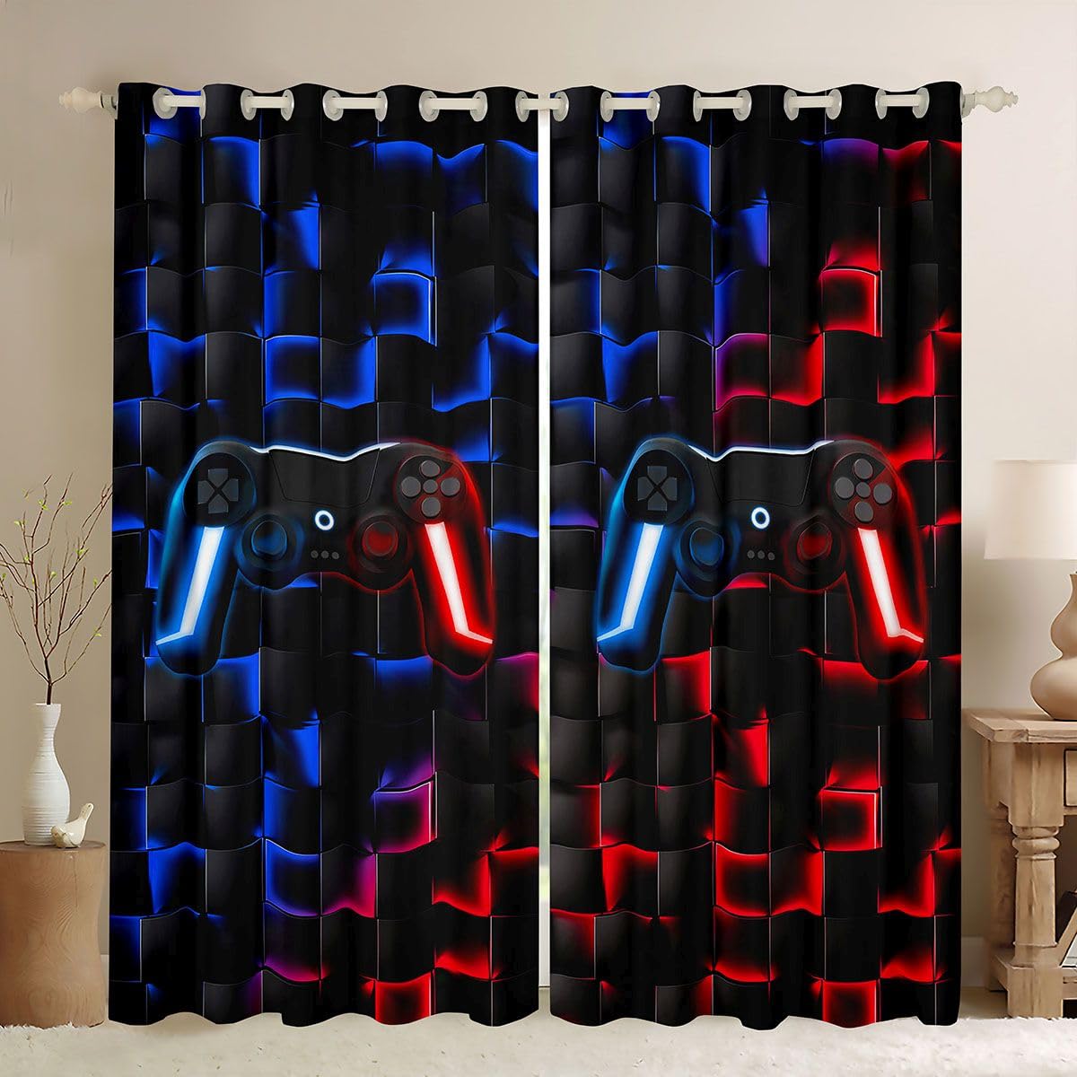 Erosebridal Gamer Curtains for Boys Room,Black Red Blue Gaming Blackout Curtains for Kids Bedroom,Video Game Controller 50% Darkening Drapes,Checkered