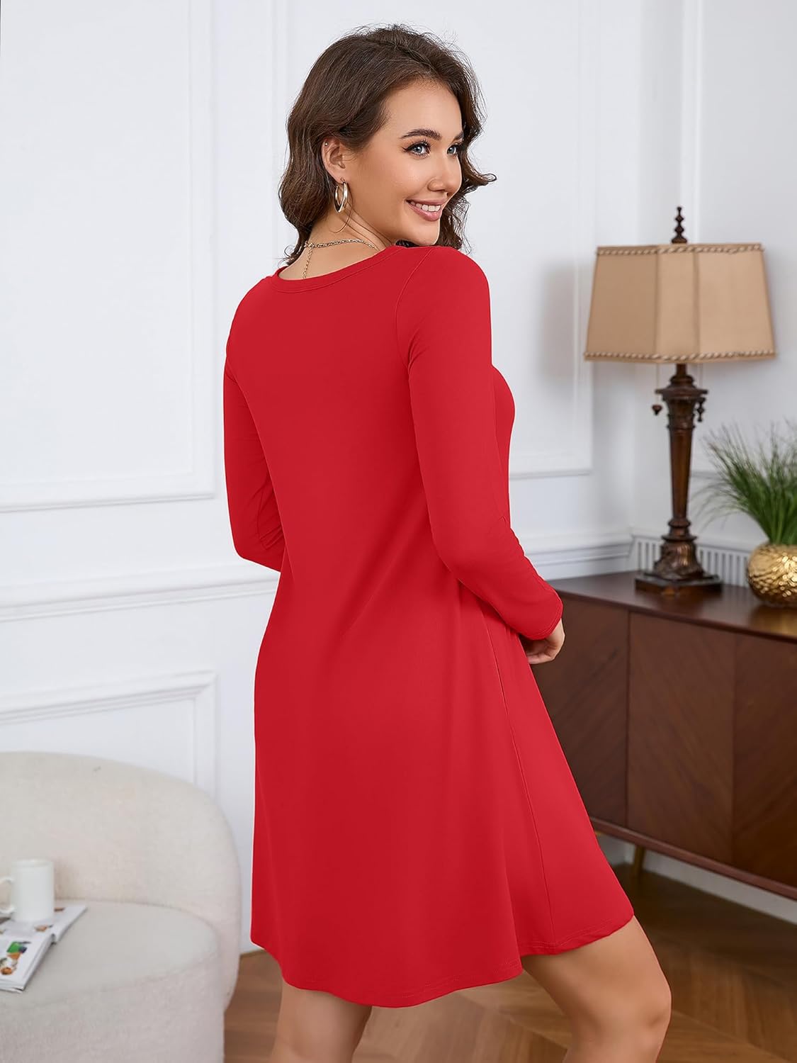 KORSIS Women Long Sleeve Tops T-Shirt Dresses Round Neck Casual A-Line Loose Swing Vocation Fall Winter Dress with Pockets - Image 5