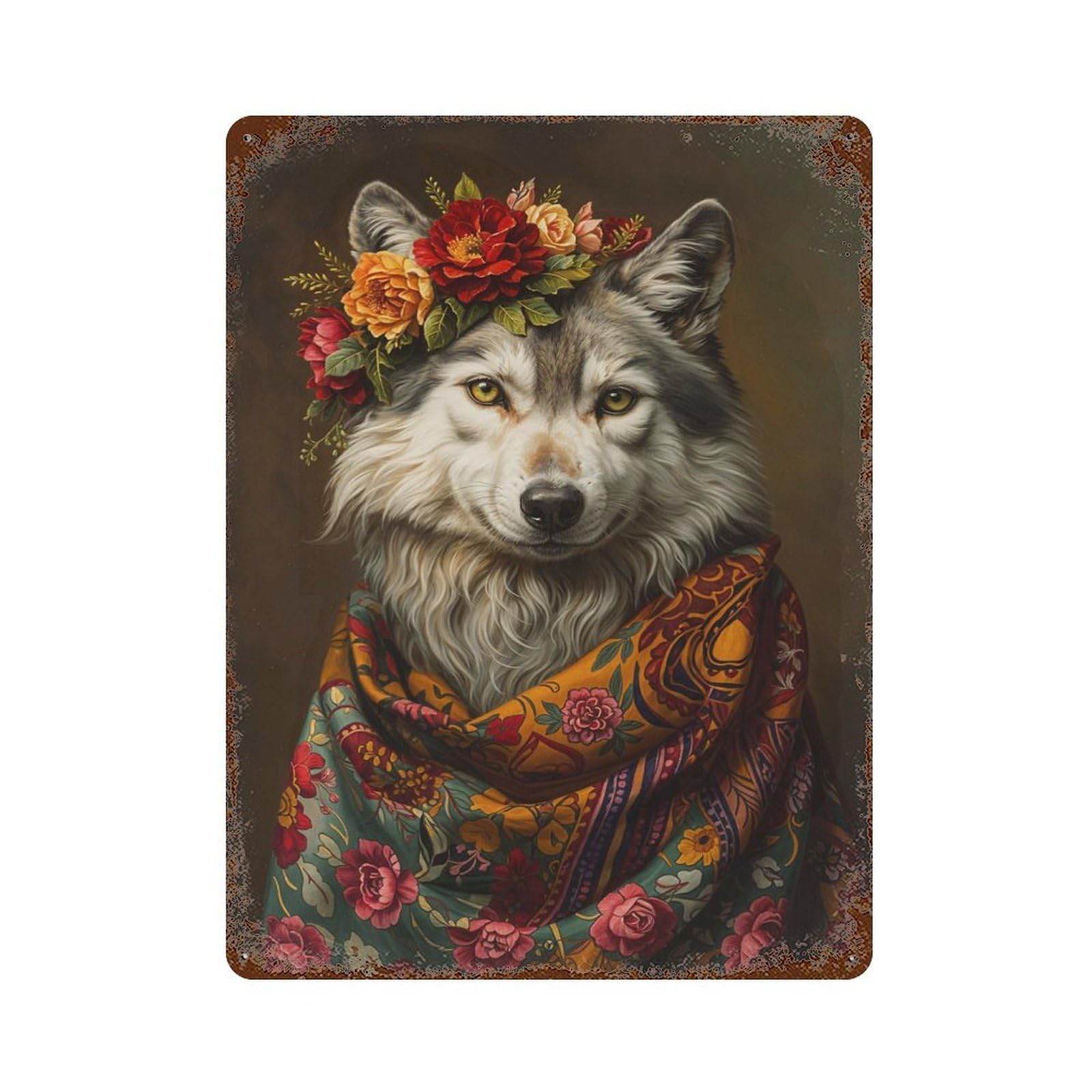 Rust Effect Wolf with Flowers Vintage Rust Metal Sign 15.7"x11.8", Rustic Home Decor for Farmhouse, Kitchen And Entryway Decor