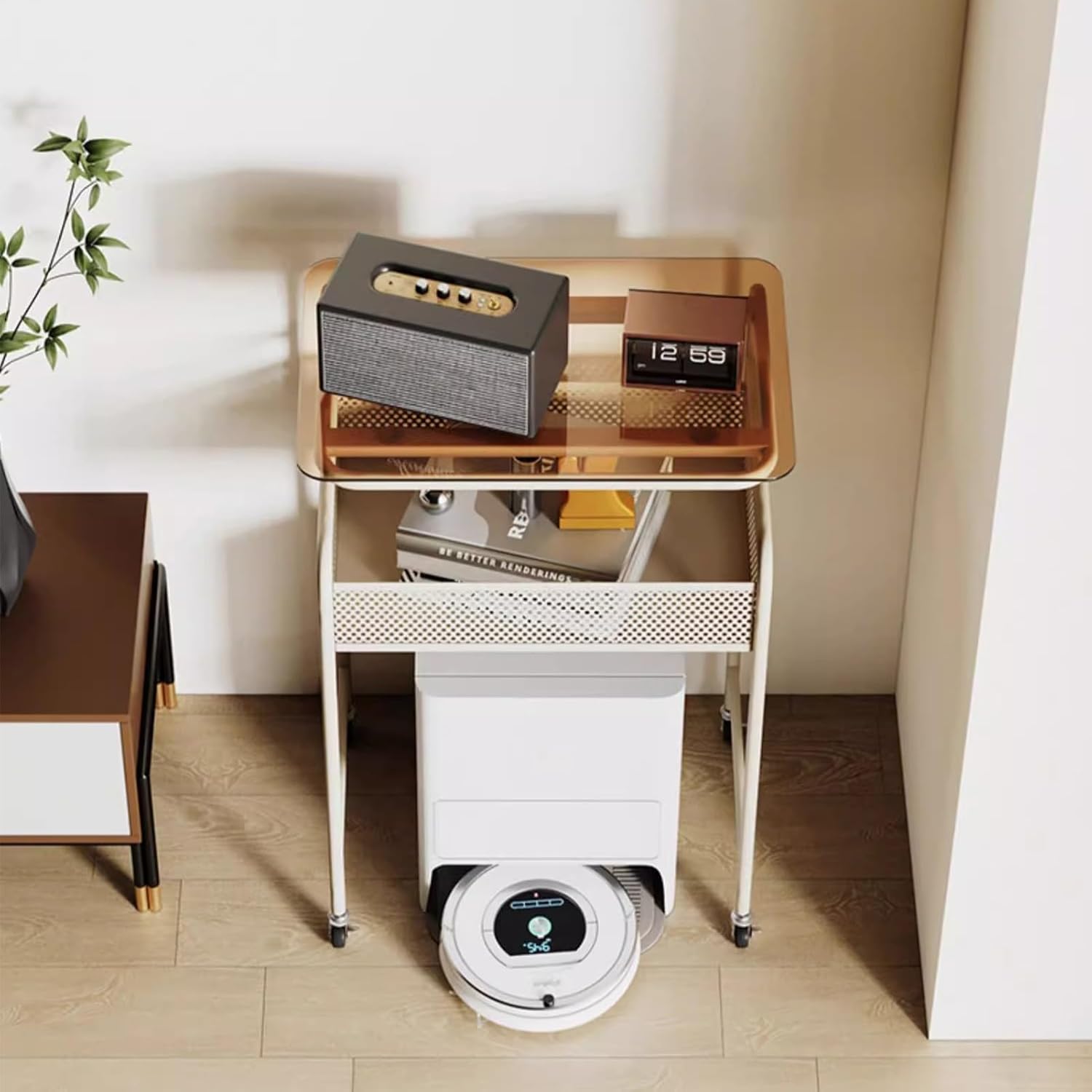 Multi-Tier Sweeping Robot Storage Rack with Wheels, Space-Saving Vacuum Storage Cabinet & Side Table for Living Room & Home Office (White, 60x75cm/23.6x29.5in)