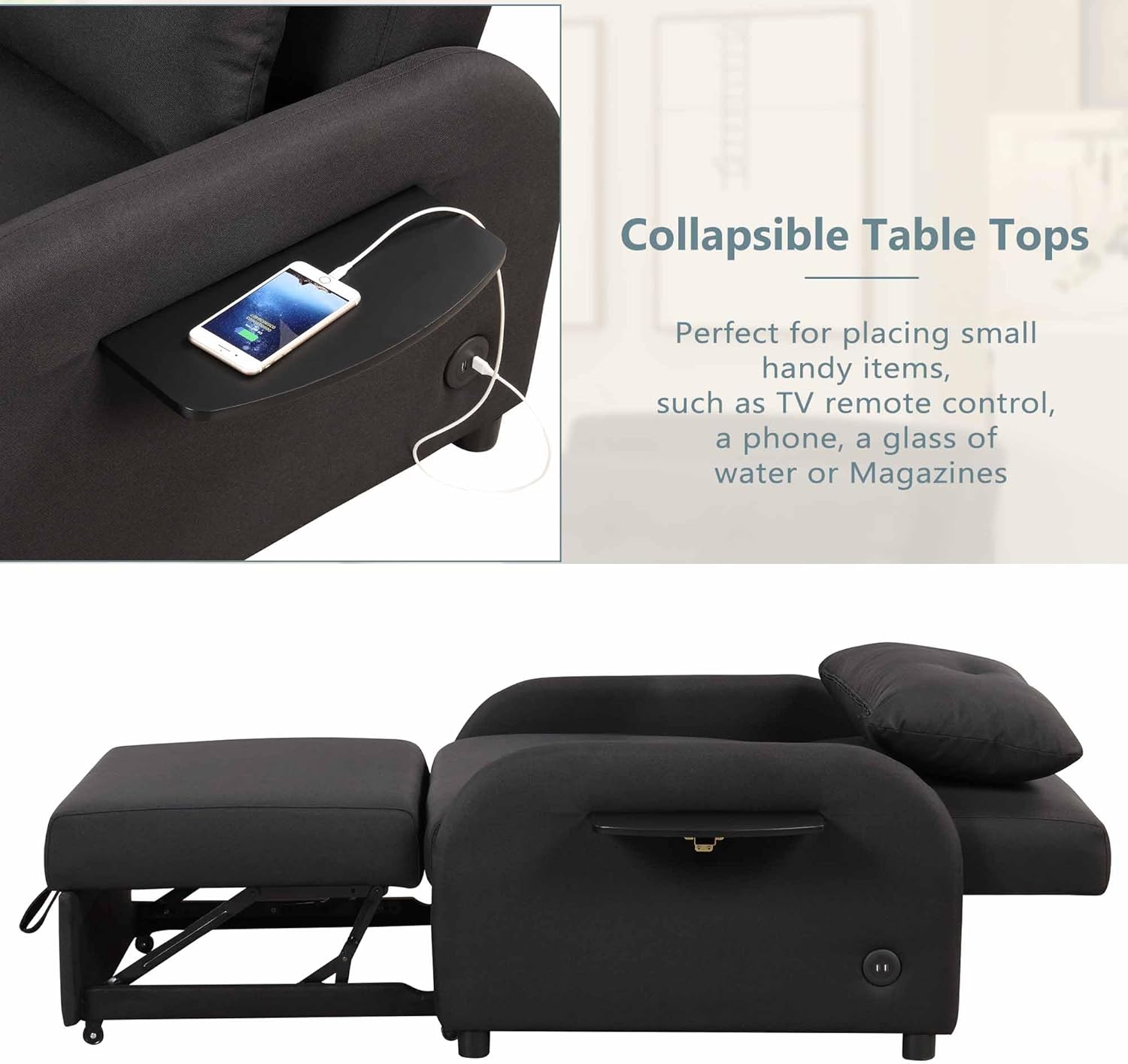 Modern 3 in 1 Sleeper Sofa Chair Bed with USB Charging Ports and Table Tops, Pull Out Convertible Couch Bed for Living Room Recreation Room (Black) image 4 of 7 B0CCR5ZJSJ