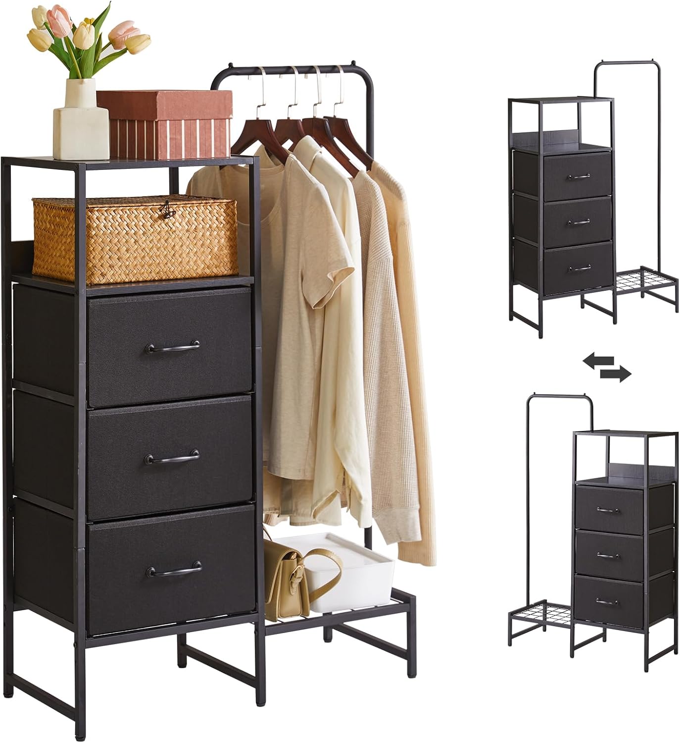 Clothes Rack with Shelves and Hanging Rod, 3 Drawers Small Coat Hanger, Reversible Clothes Rack, Black YD-TM081B