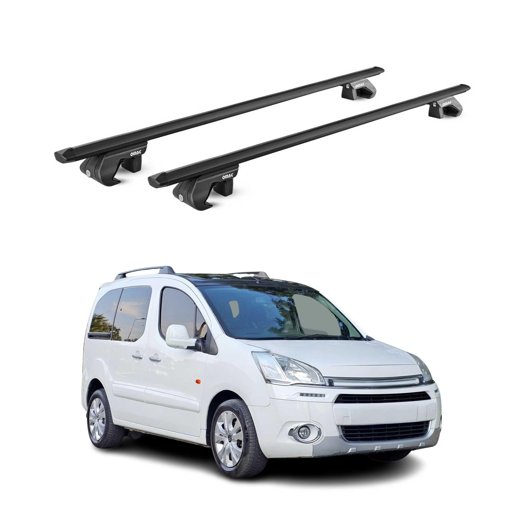 OMAC Dachträger Aluminium TÜV geprüft für Citroen Berlingo 2008-2018 – Für Standard Dachreling – T Nut – Max 90 kg – 2 Schlösser Schwarz