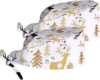 Women Adjustable Working Cap Set 2 with Buttons and Sweatband Hand Drawn Christmas Deers Snowflake Bandage Cap Work Hats Set for Men Caps Tie Back Hats Long Hair