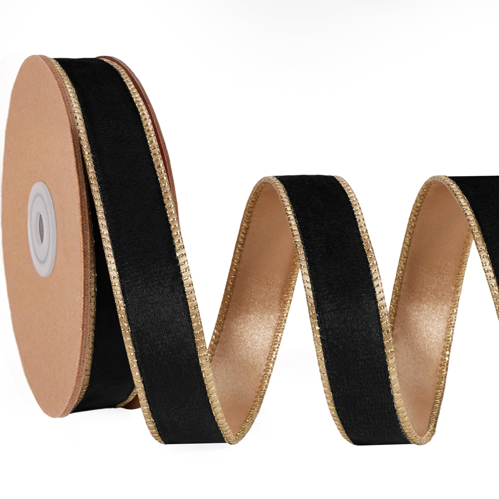 LaRibbons Black Velvet Wired Ribbon, Gold Edge, Gold Satin Back, 1 Inch
