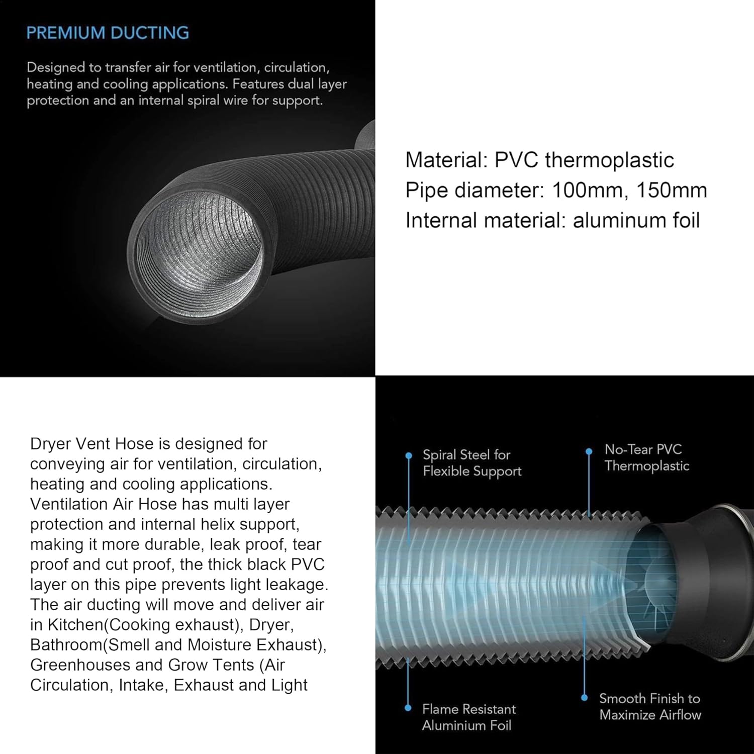 4/6 in Marine Blower Hose Marine Exhaust Hose, Galley or Dryer Vent Hose Conduit Hose Marine Blower Hose Flexible PVC Black Conduit Hose