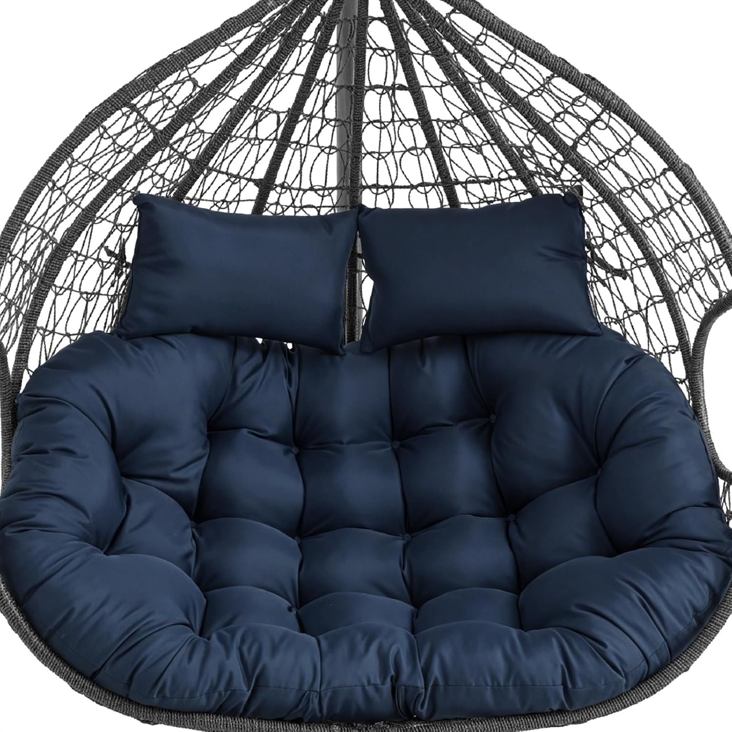 ANMINY 2-Seater Hanging Egg Chair Cushion Thickened 6.3Inch Waterproof Anti-UV Hammock Swing Chair Replacement Cushion, Outdoor Hanging Basket Seat Pads w/ 2 Detachable Pillows Navy Blue Cushion ONLY