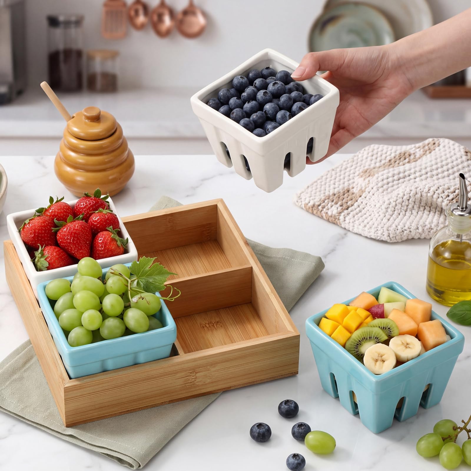 4 Pcs Ceramic Berry Baskets with Bamboo Tray, Fruit Colander Set