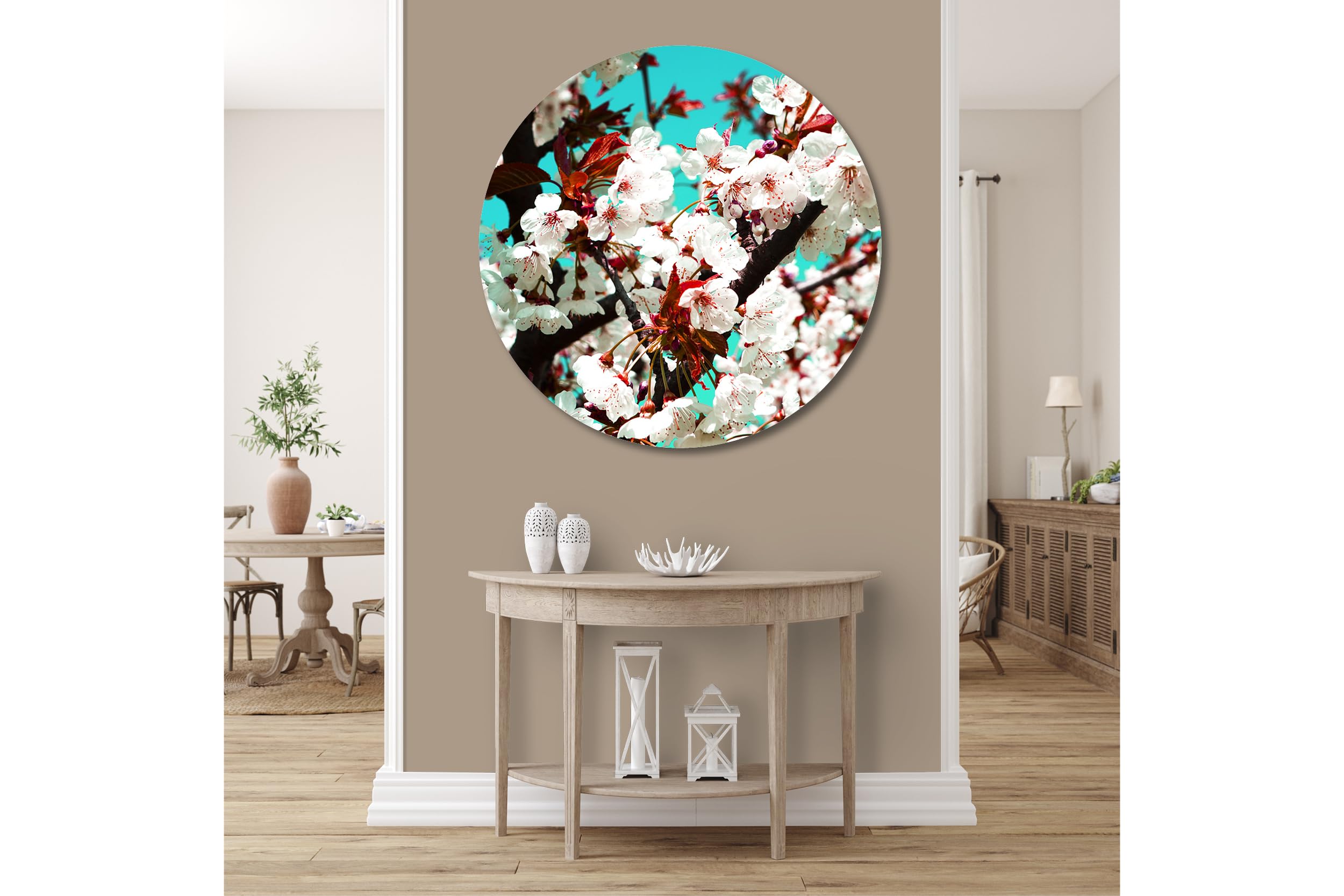 Glücksvilla - Fiori di ciliegio 2 (vetro acrilico 5 mm, Ø 80 cm) | varie misure - quadro murale rotondo - giardino fiori fioritura pianta natura botanica albero ramo mela