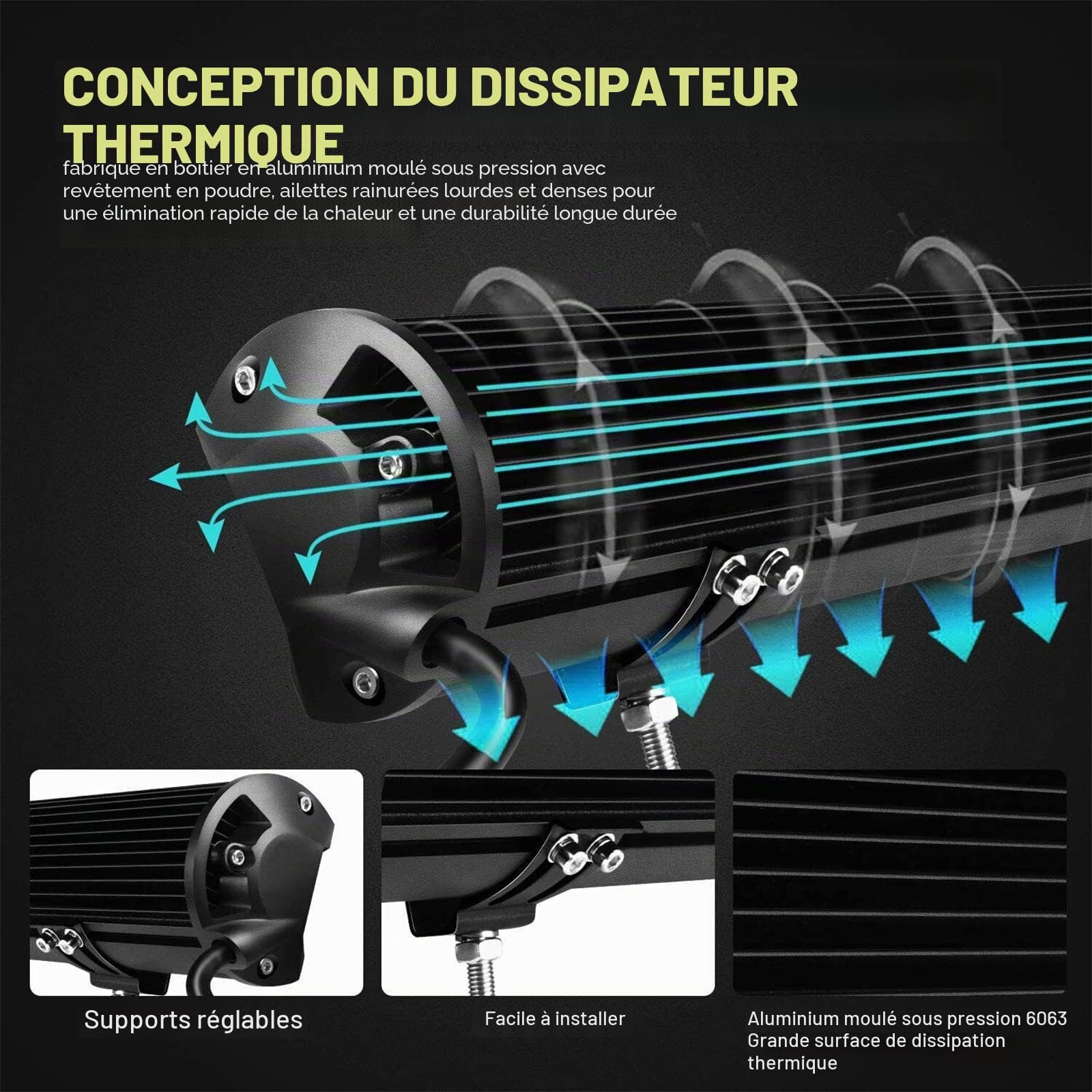PICAA 59 cm Barre LED 4x4, 23 pouces 480W Barre Lumineuse Led 12V 24V