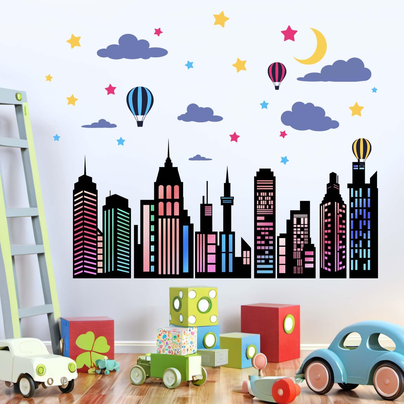 City Wall Stickers for Boys Room: Peel and Stick Colorful Hero Skyline Building Stars Hot Air Balloon Cityscape Wall Decals