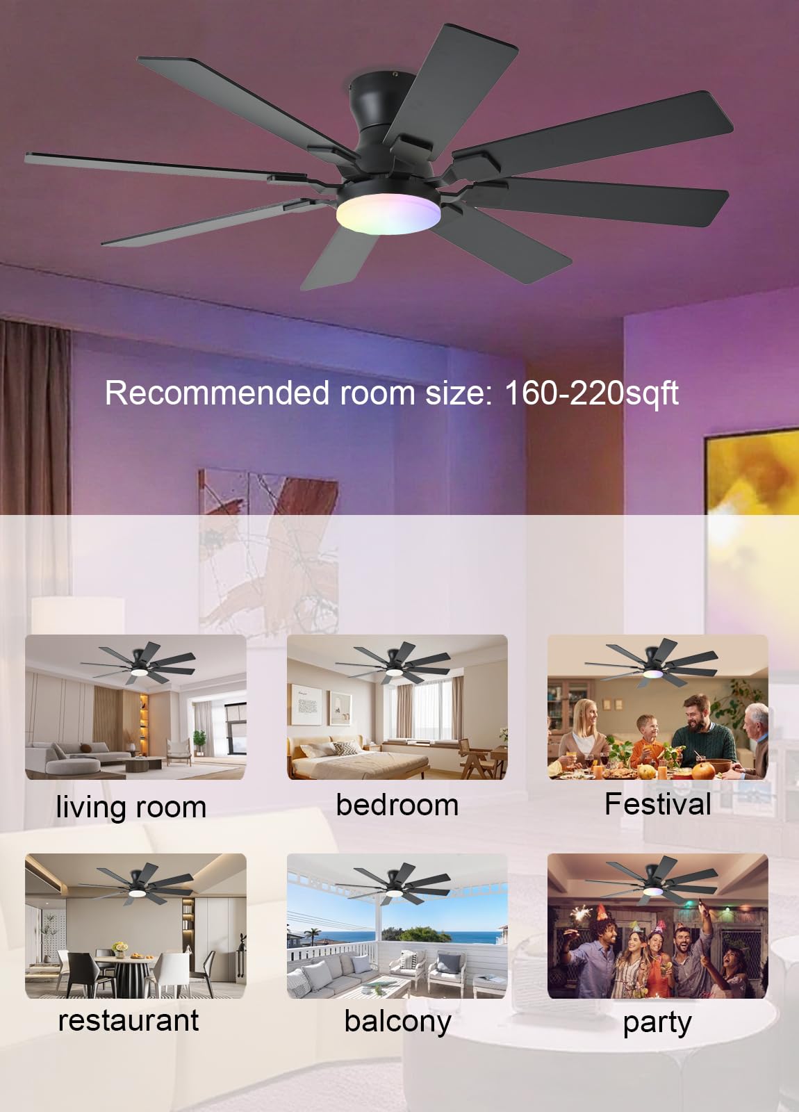 52 inch Ceiling Fan with Light 6 Speeds Reversible Low Profile Ceiling Fan with Light and Remote APP — view 9