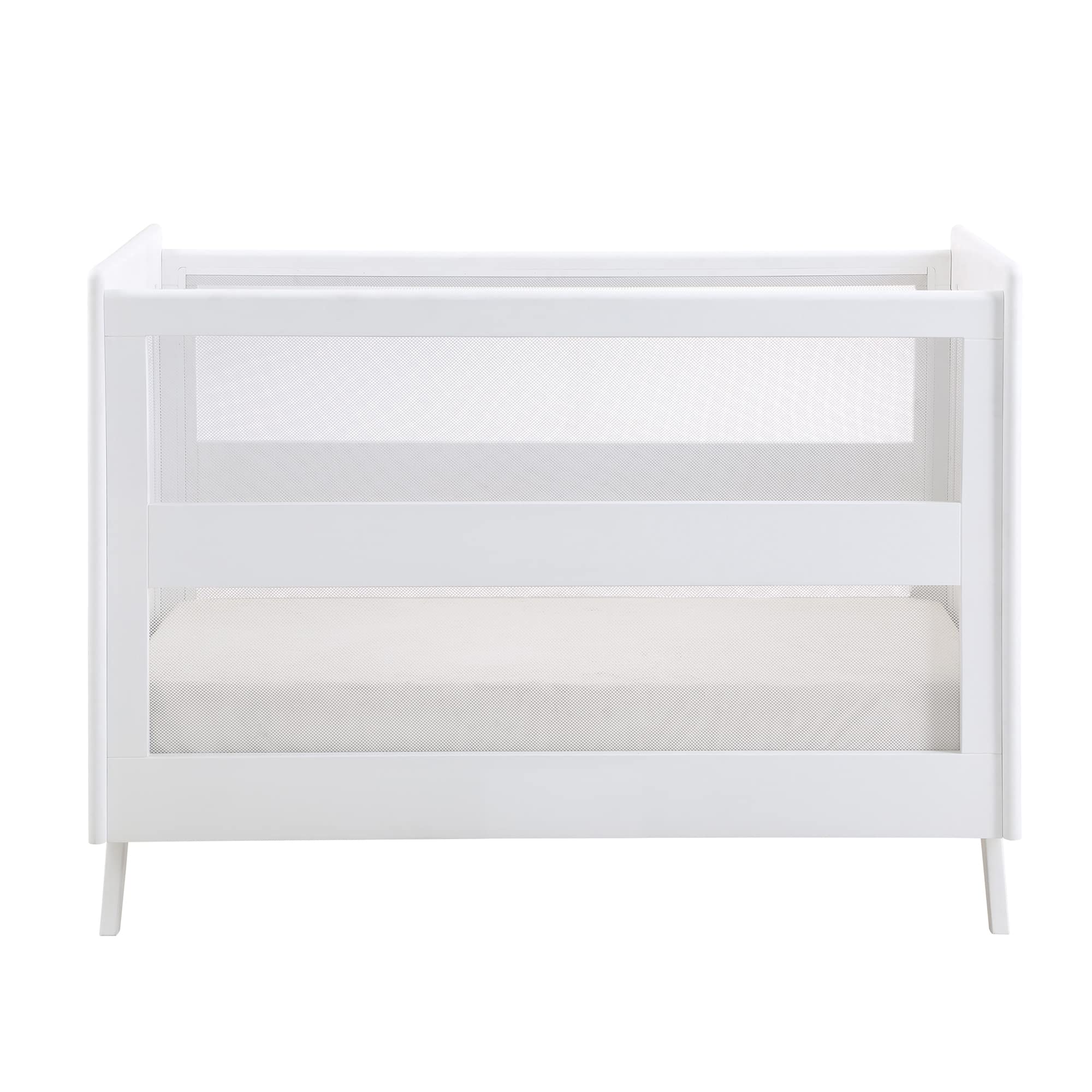 BreathableBaby Breathable Mesh 3-in-1 Convertible Crib (Toddler Bed Kit Sold Separately) — White — Two Adjustable Mattress Heights — Greenguard Gold Certified