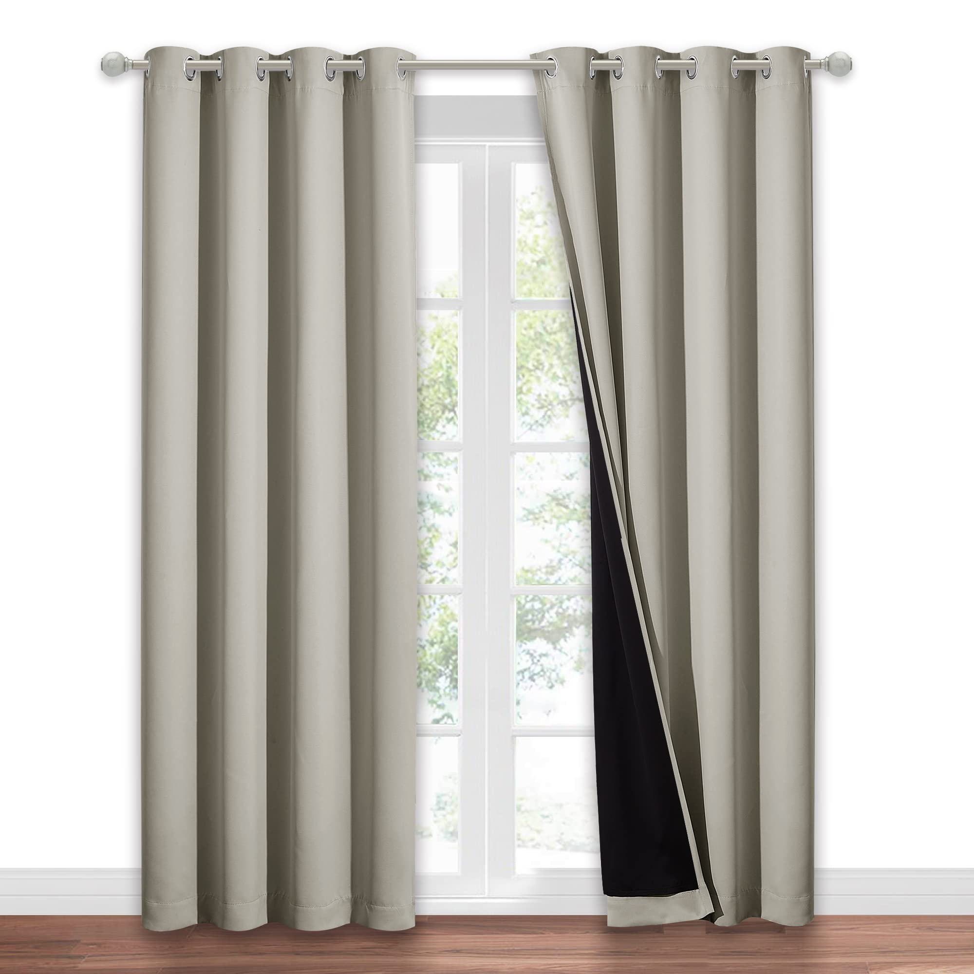 NICETOWN Natural 100% Blackout Window Curtain Panel, Heat and Full Light Blocking Drape with Black Liner for Nursery, 84 inches Drop Thermal Insulated Draperies (1 Piece, 52 inches Wide Each Panel)