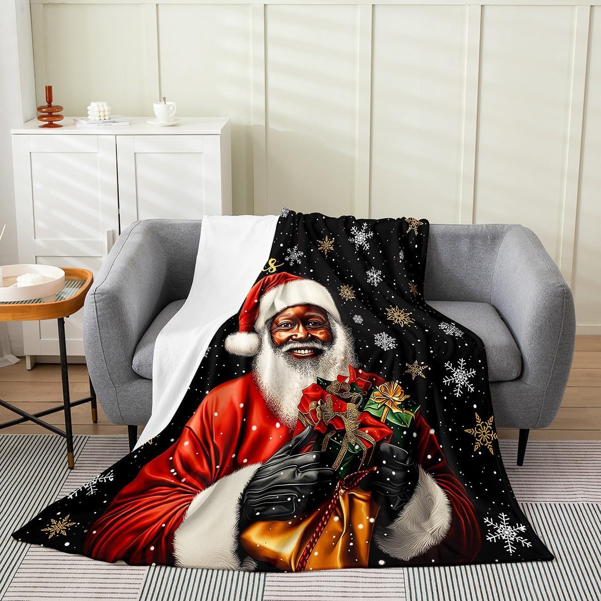 Feelyou Black Santa Claus Flannel Fleece Throw Blanket Afro African American Queen 90"x90" Merry Christmas Fleece Throw Blanket for Kids Women Men Winter Xmas Holidays Bedroom Decor