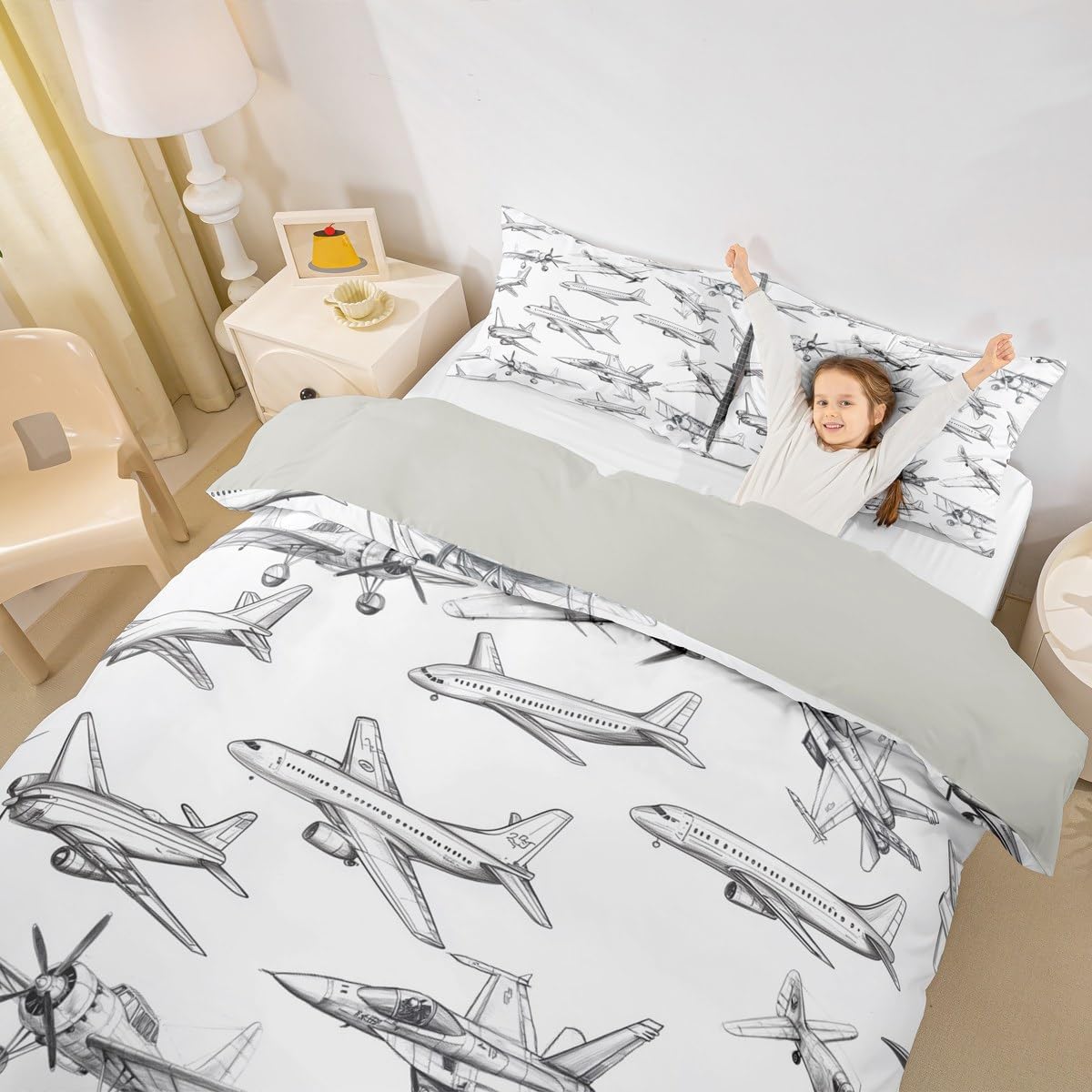 Airplane Duvet Cover Set Queen Size,Aircraft Bedding Set 3Pcs for Kids Girls Boys Teens Bedroom Decor Black White Sketch Print Comforter Cover Flying Theme Quilt Cover ,2 Pillowcases(No Comforter)