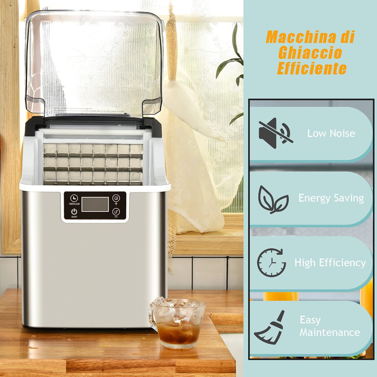 RELAX4LIFE Macchina per Cubetti di Ghiaccio, Capacità 18 kg/24 Ore, Durata 15-20 Min con Timer 1-24 Ore, Serbatoio d’Acqua 3,2L, Stoccaggio Ghiaccio 1,2 kg, Produttore Domestico di Ghiaccio a Cubetti