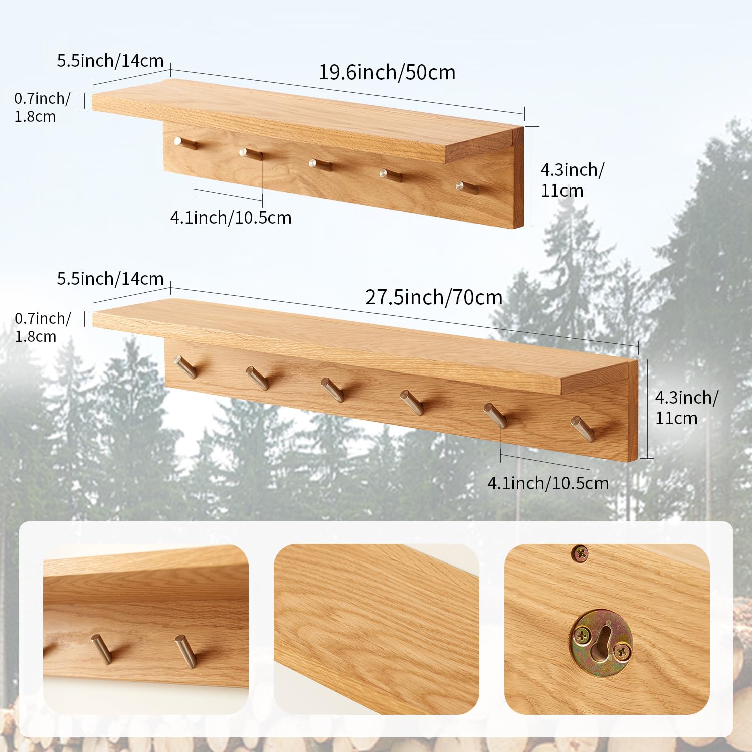 OAKERLAND Oak Floating Shelf with Hooks, 50cm Solid Wood Wall Rack - Image 3