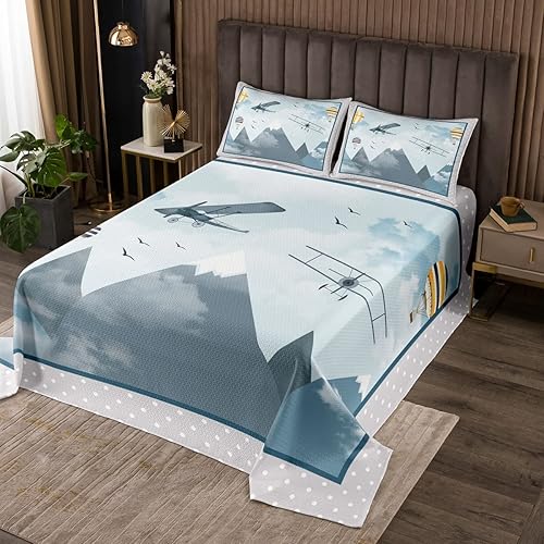 Juego de edredón de dibujos animados de avión para niños, tamaño individual, lindo juego de ropa de cama de avión para niños y adolescentes,