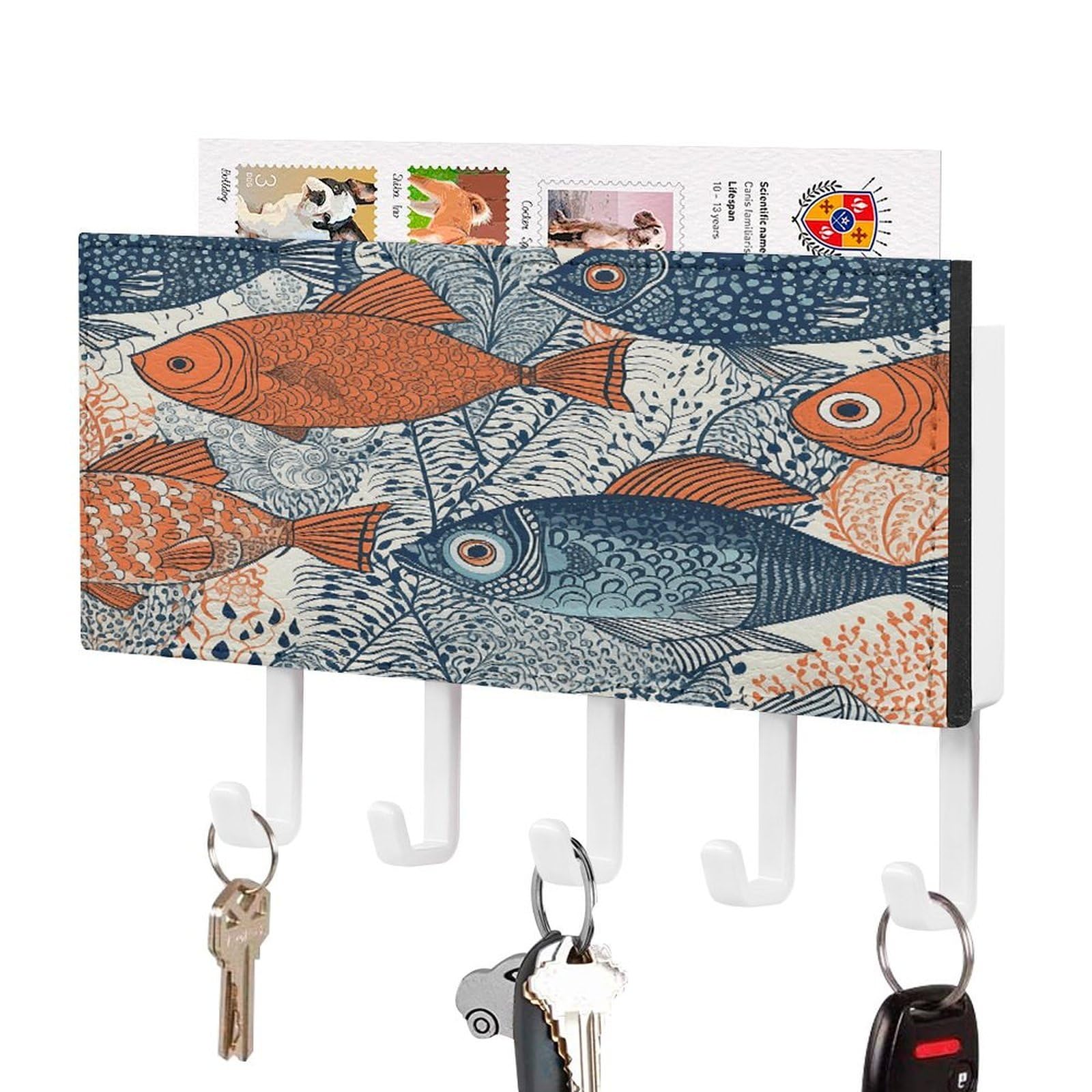 FekiLoot Fish Doodle Pattern Key Holder Wall Mount Key and Mail Holder Key Hanger with 5 Hooks Decorative PU Key Rack Hanging Key Hooks for Wall Living Room Kitchen Bathroom Hallway White-Style