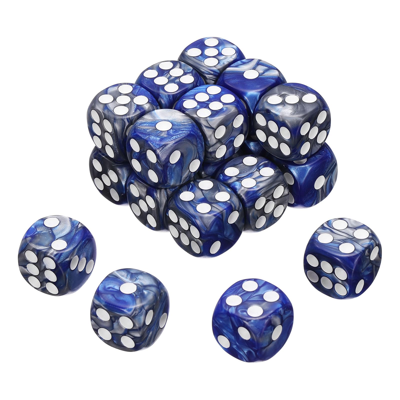 sourcing map 24Pcs 6 Sided Colored Standard Dice, 16mm Acrylic D6 Mini Polyhedral Pearl Pattern Two Tone Colors Game Dice Set for Table Games, Blue/Silver, White Point
