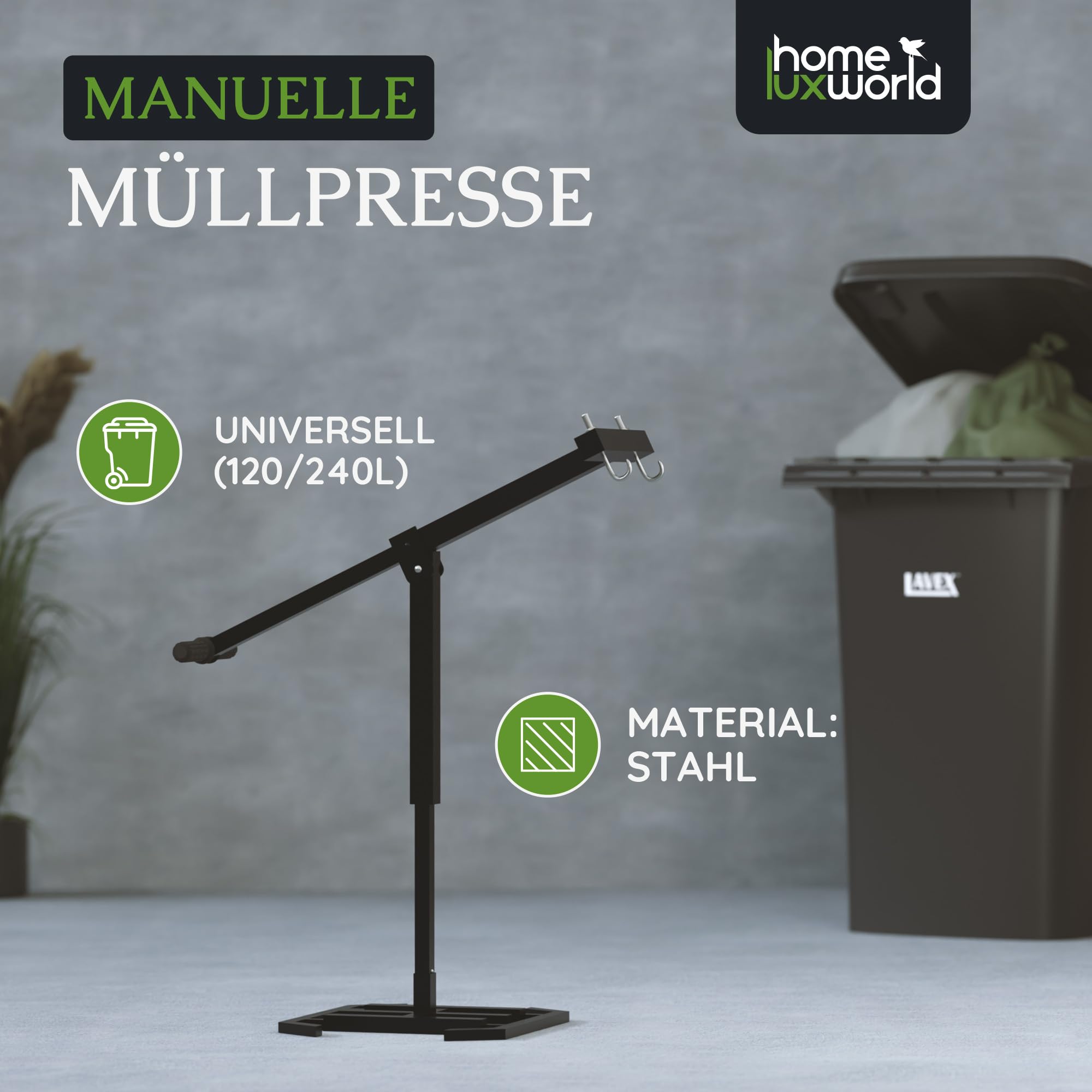 Müllpresse für Zuhause – Mülltonnen Presse 120L/240L – Manuelle Mülltonnenpresse zum Einspannen – Abfallpresse & Müllverdichter für platzsparende, nachhaltige Entsorgungen