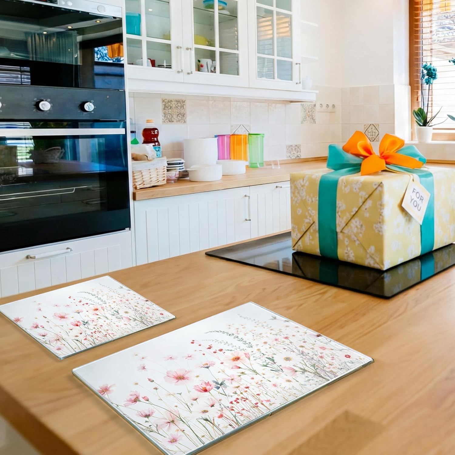 LemonRoad 2 Pcs Tempered Glass Cutting Board for Kitchen Counter, Pink Flower Decorative Cutting Board, Heat Resistant, with Anti-slip Feet, Large and Small 12''x16" & 8''x12", Dishwasher Safe