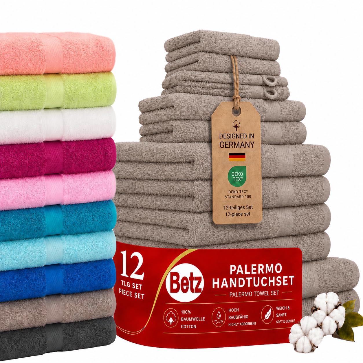 Betz Lot de 12 Serviettes Palermo Set de 2 draps de Bain 4 Serviettes de Toilette 2 Serviettes d'invité 2 lavettes 2 Gants de Toilette 100% Coton Couleur Gris Pierre