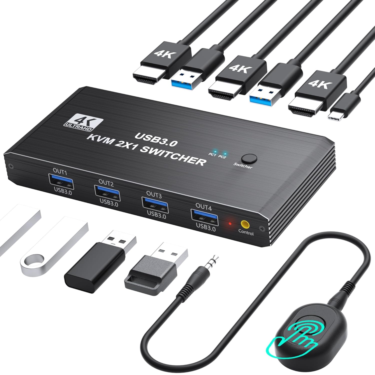 HDMI KVM Switch 1 Monitors 2 Computers, Lecnvuo 4K@60Hz USB3.0 Switches for 2 Computers Sharing Monitor Keyboard Mouse Hard Drives Printer, with EDID Adaptive, 2USB Cable and Controller