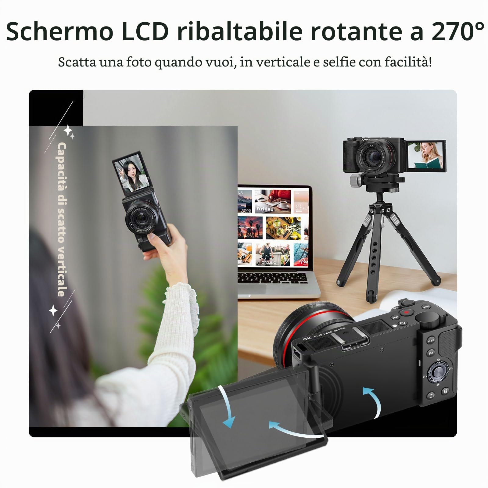 ORDRO G730 - Fotocamera mirrorless con video 5K, AF/MF, zoom ottico 12X, 3,2 pollici con schermo vari-angolo mirrorless fotocamera digitale con scheda SD da 64 GB (Standard Bundle, Bianco)