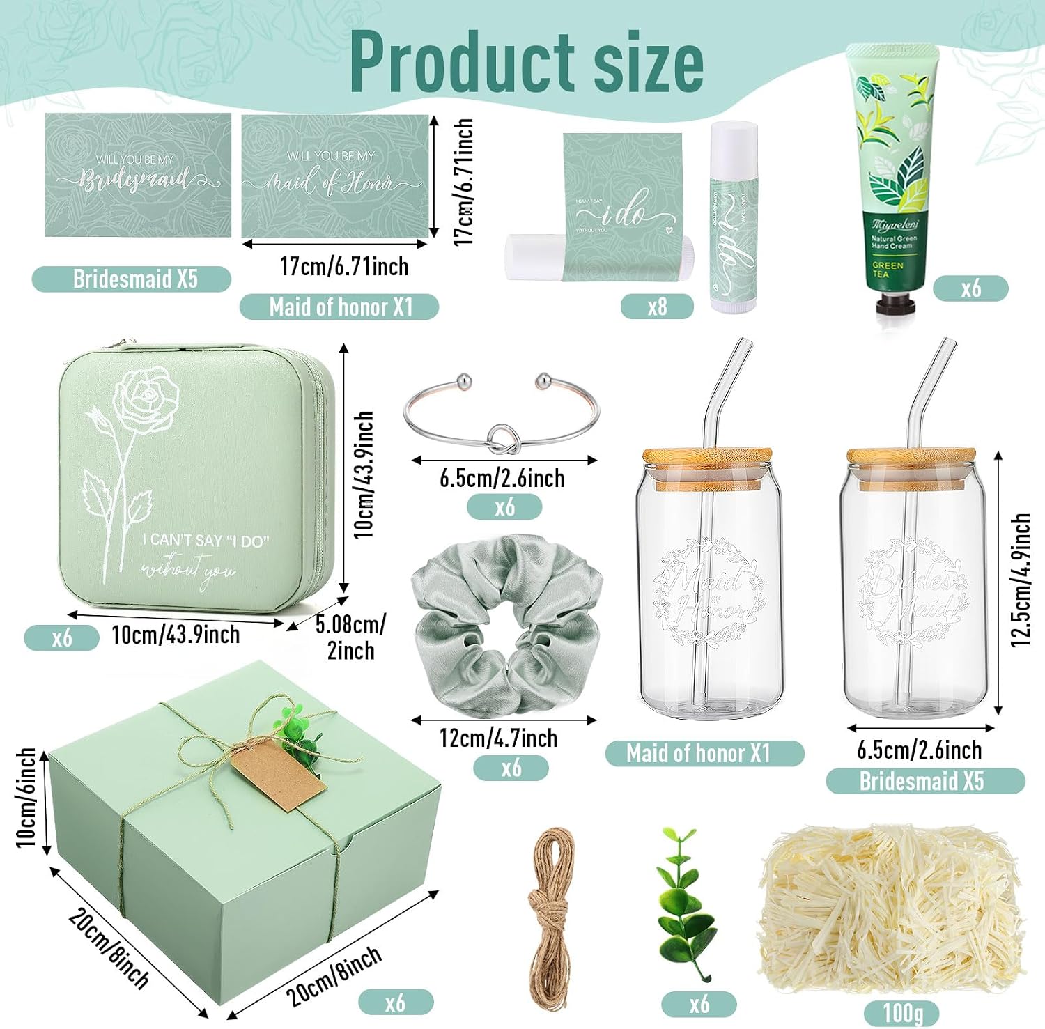 Teenyyou 60 Pcs Bridesmaid Proposal Gifts Bridesmaid Box Set Maid of Honor Gift Wedding Bridal Shower Include Jewelry Box Glass Cup Scrunchies Hair Knotted Bracelets Hand Cream Lip Balm Cards(Green)